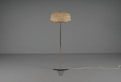Tripod Floor Lamp in Brass and Wicker Shade, 1950s Italy