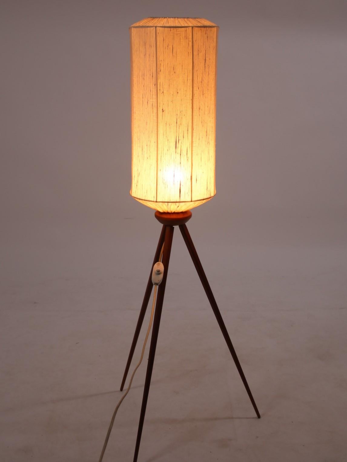 Mid-Century Modern Tripod Floor Lamp Teak Legs and Textile Lampshade, 1950's