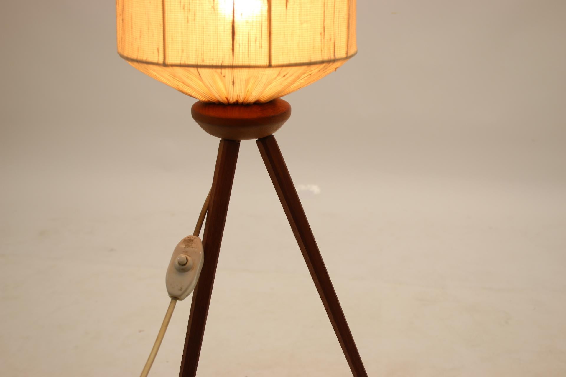 Swedish Tripod Floor Lamp Teak Legs and Textile Lampshade, 1950's