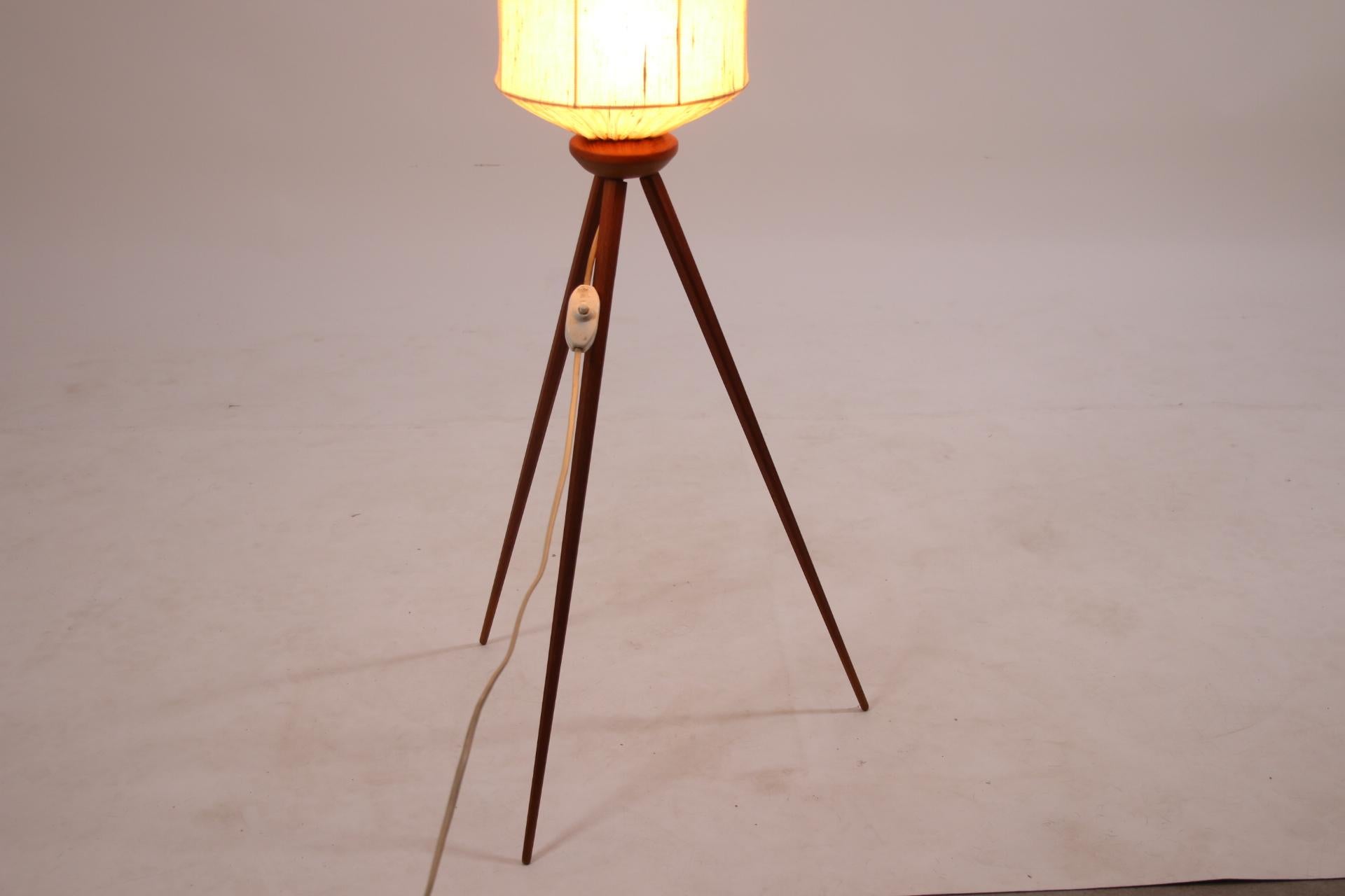 Mid-20th Century Tripod Floor Lamp Teak Legs and Textile Lampshade, 1950's