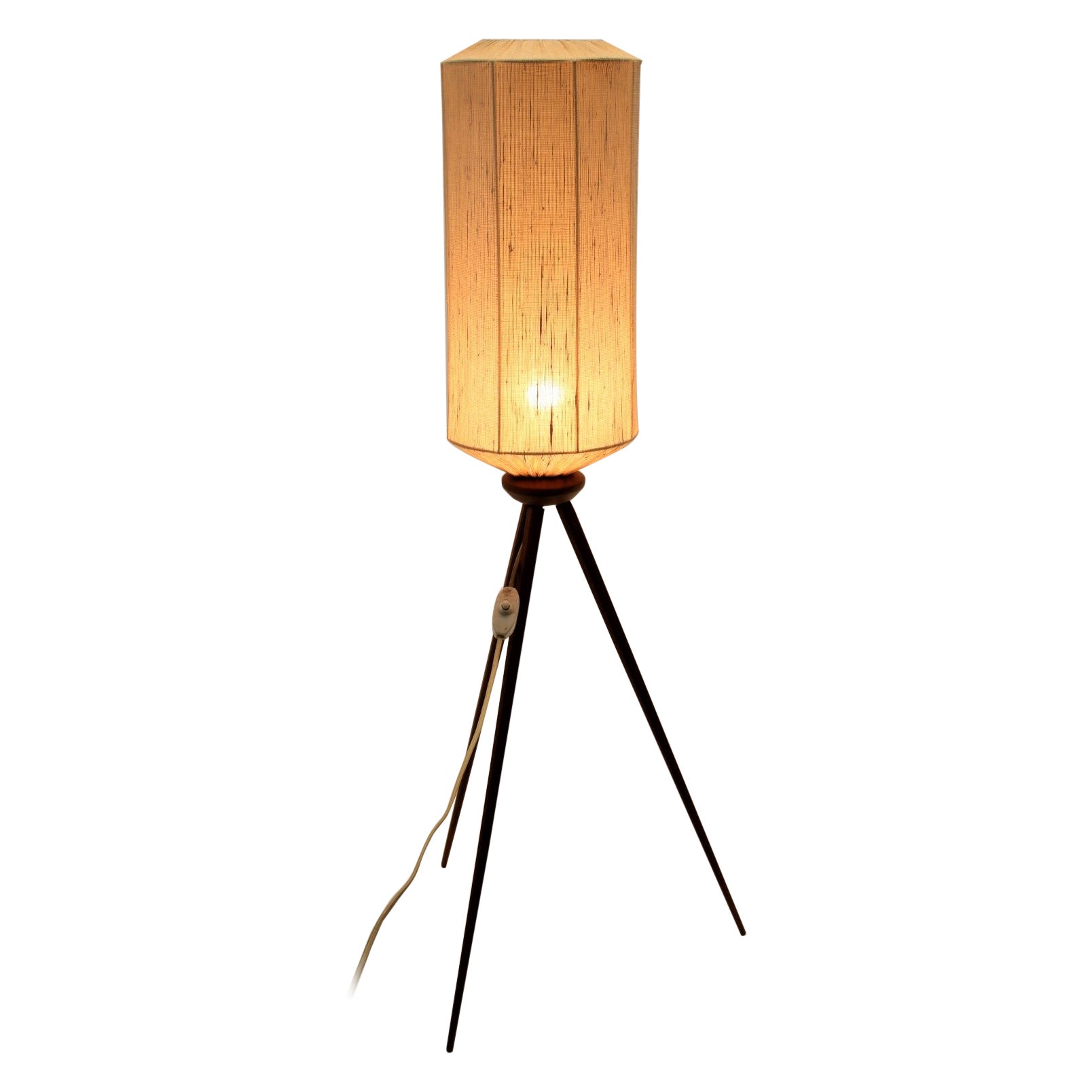 Tripod Floor Lamp Teak Legs and Textile Lampshade, 1950's
