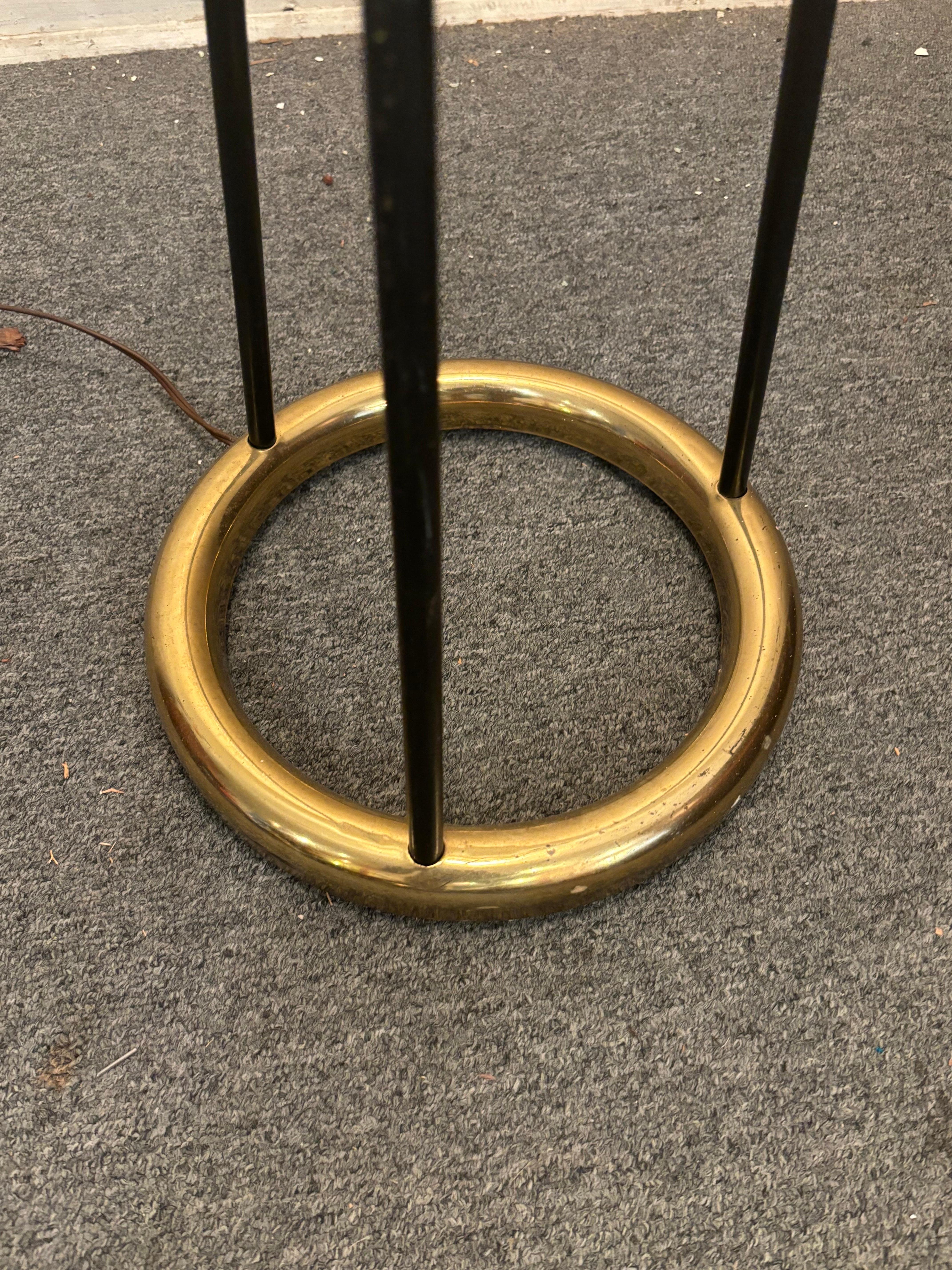 Mid-Century Modern Tripod Floor Lamp with Brass Ring For Sale