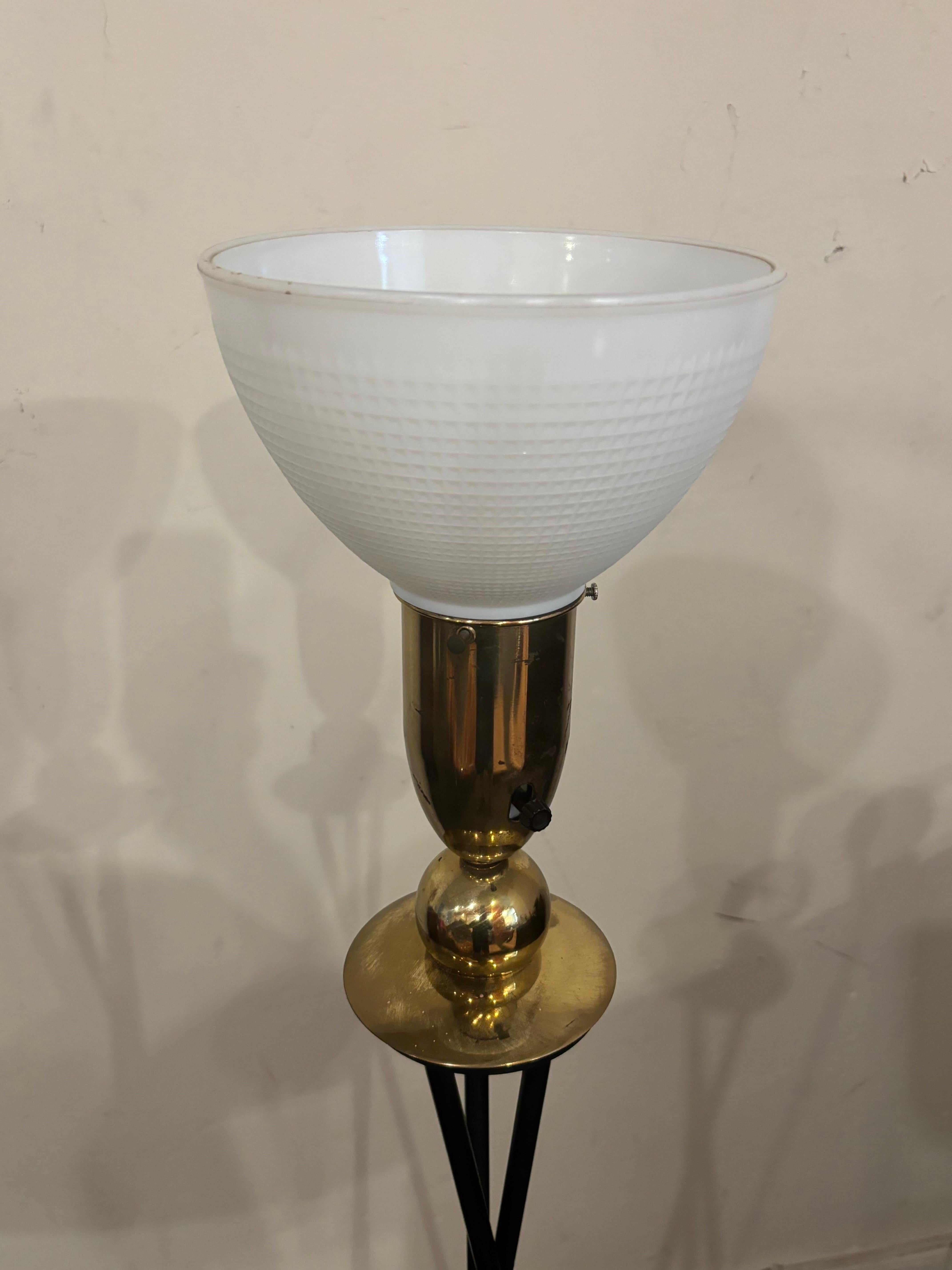 Metal Tripod Floor Lamp with Brass Ring For Sale