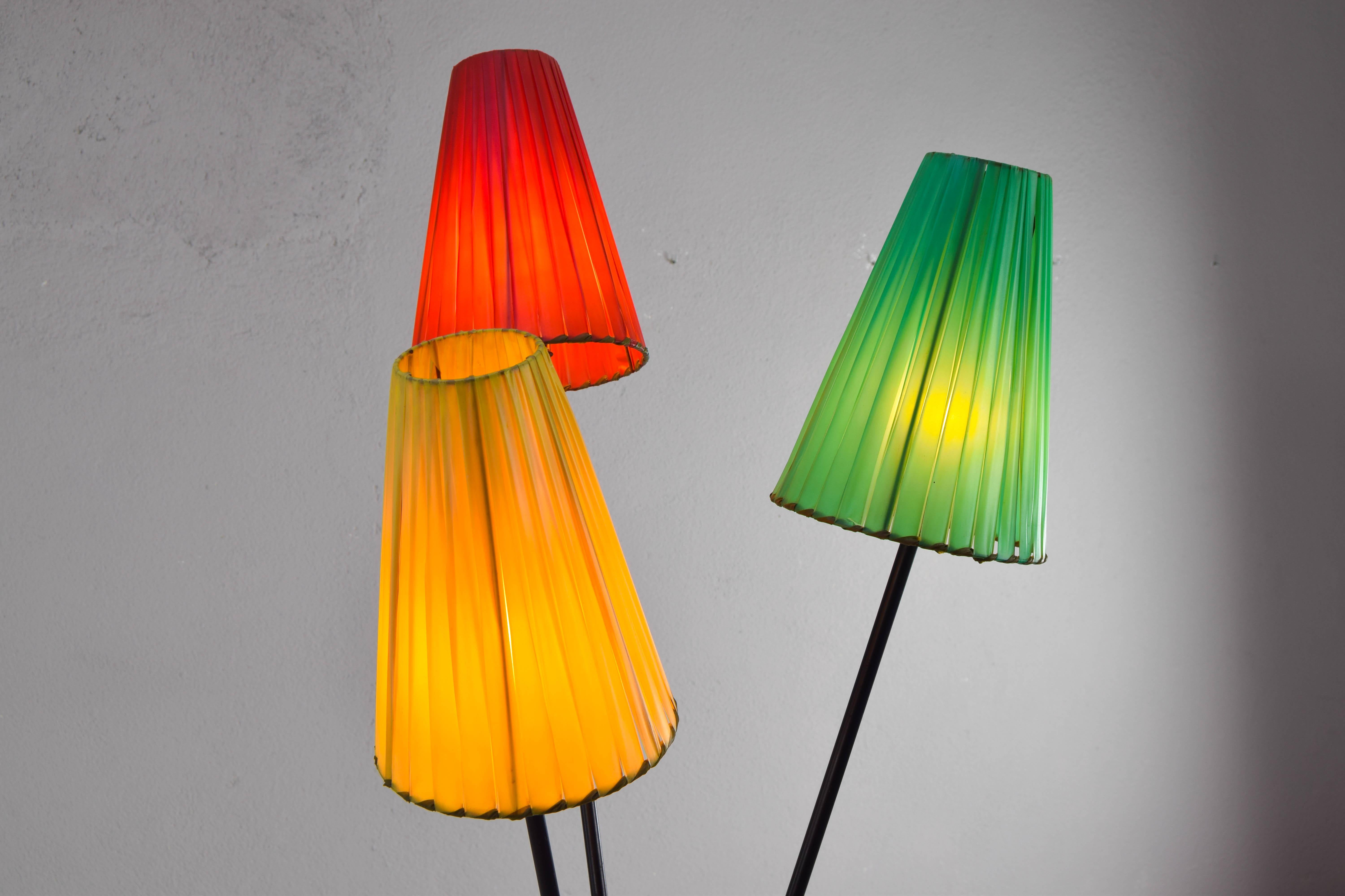 Tripod Floor lamp with Colored Shades attributed to Mathieu Matégot France 50s For Sale 2