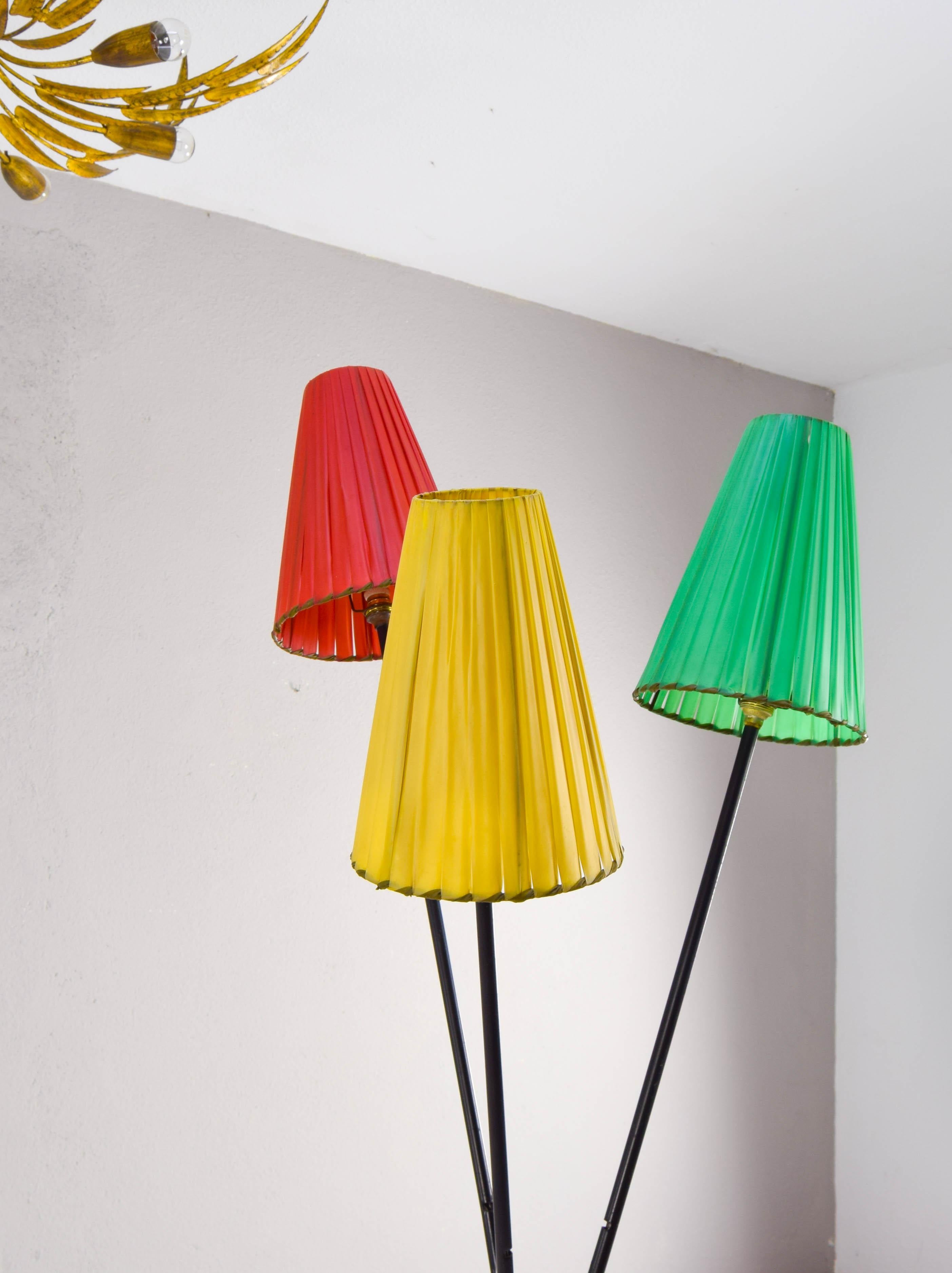 French Tripod Floor lamp with Colored Shades attributed to Mathieu Matégot France 50s For Sale