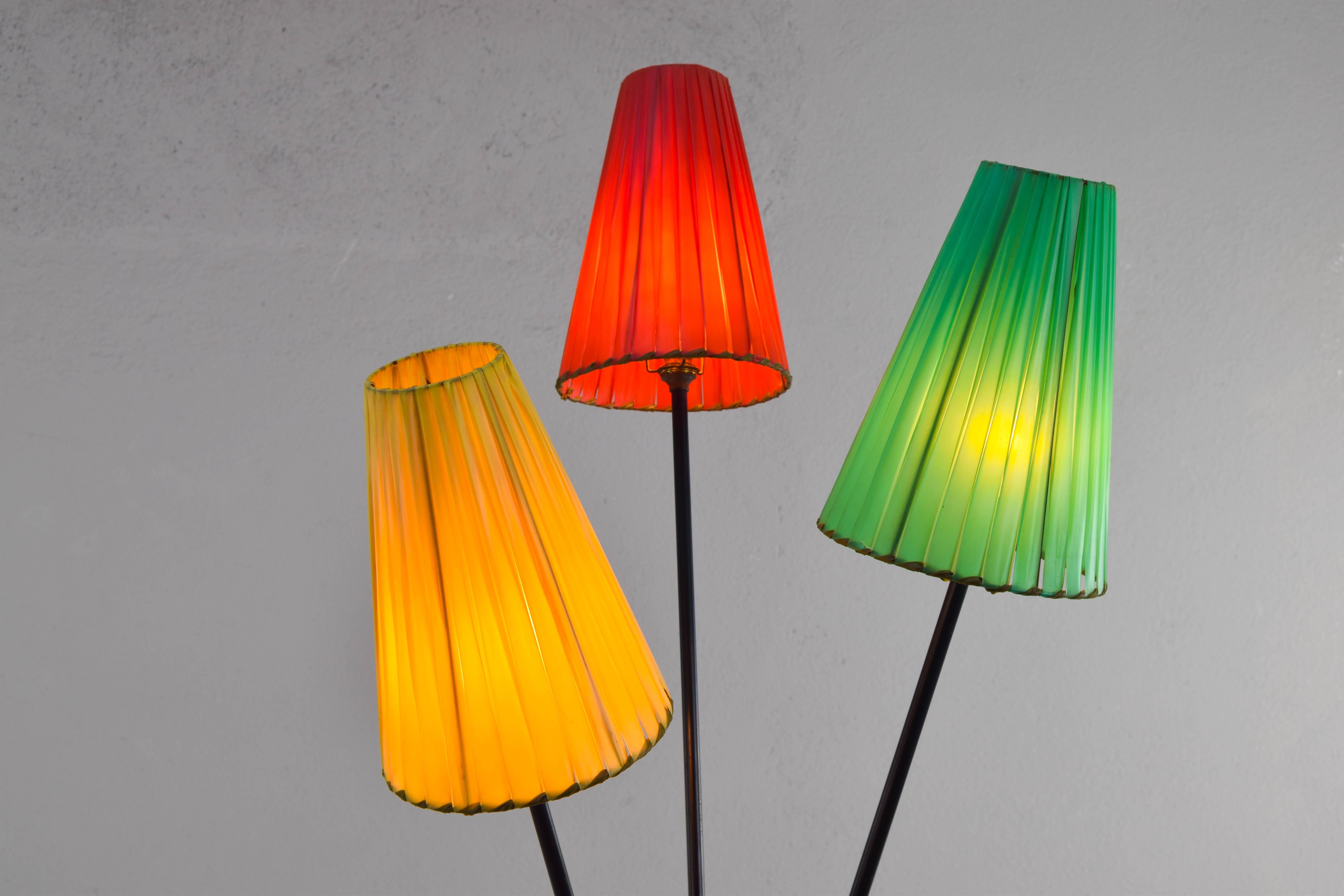 Mid-20th Century Tripod Floor lamp with Colored Shades attributed to Mathieu Matégot France 50s For Sale