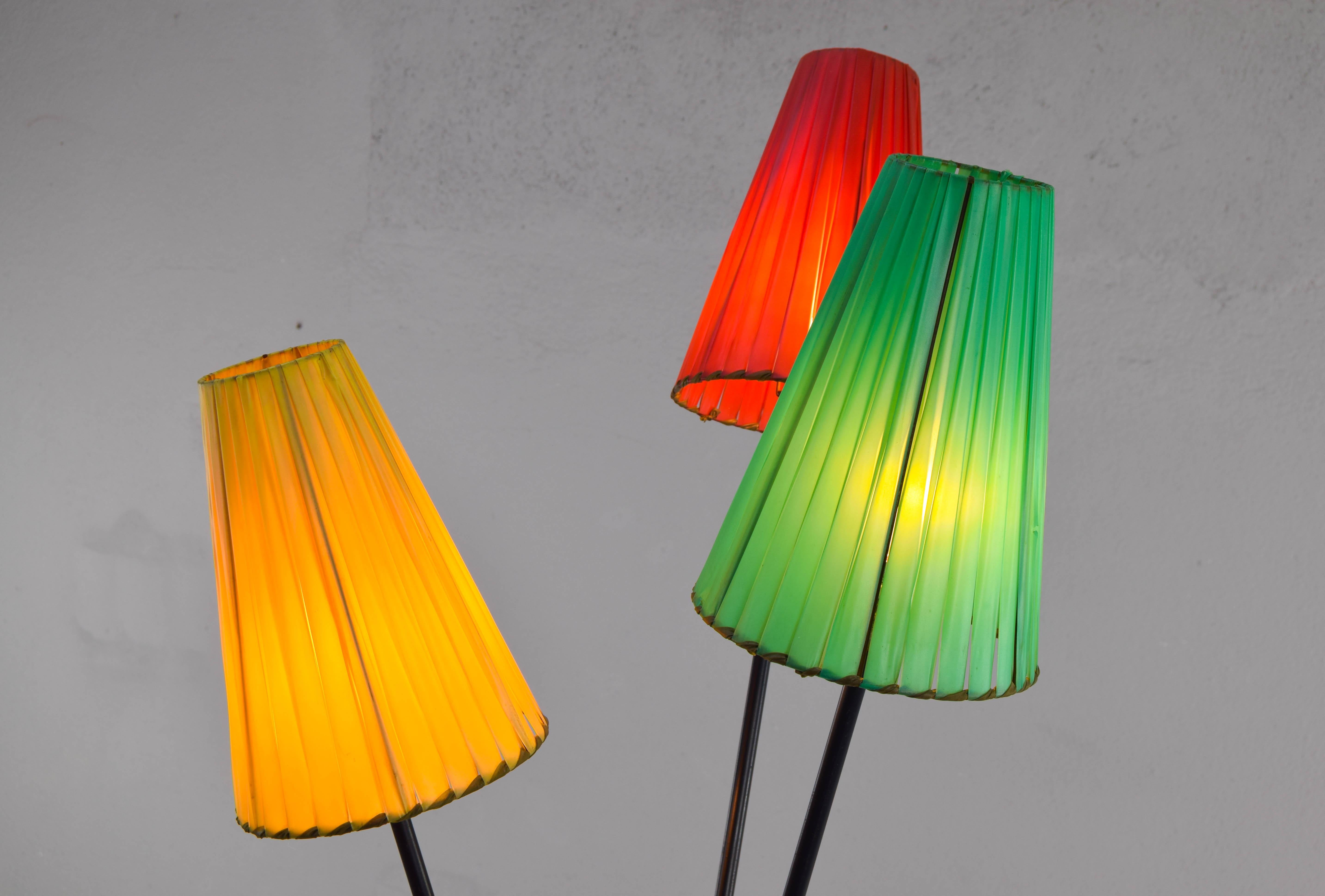 Plastic Tripod Floor lamp with Colored Shades attributed to Mathieu Matégot France 50s For Sale
