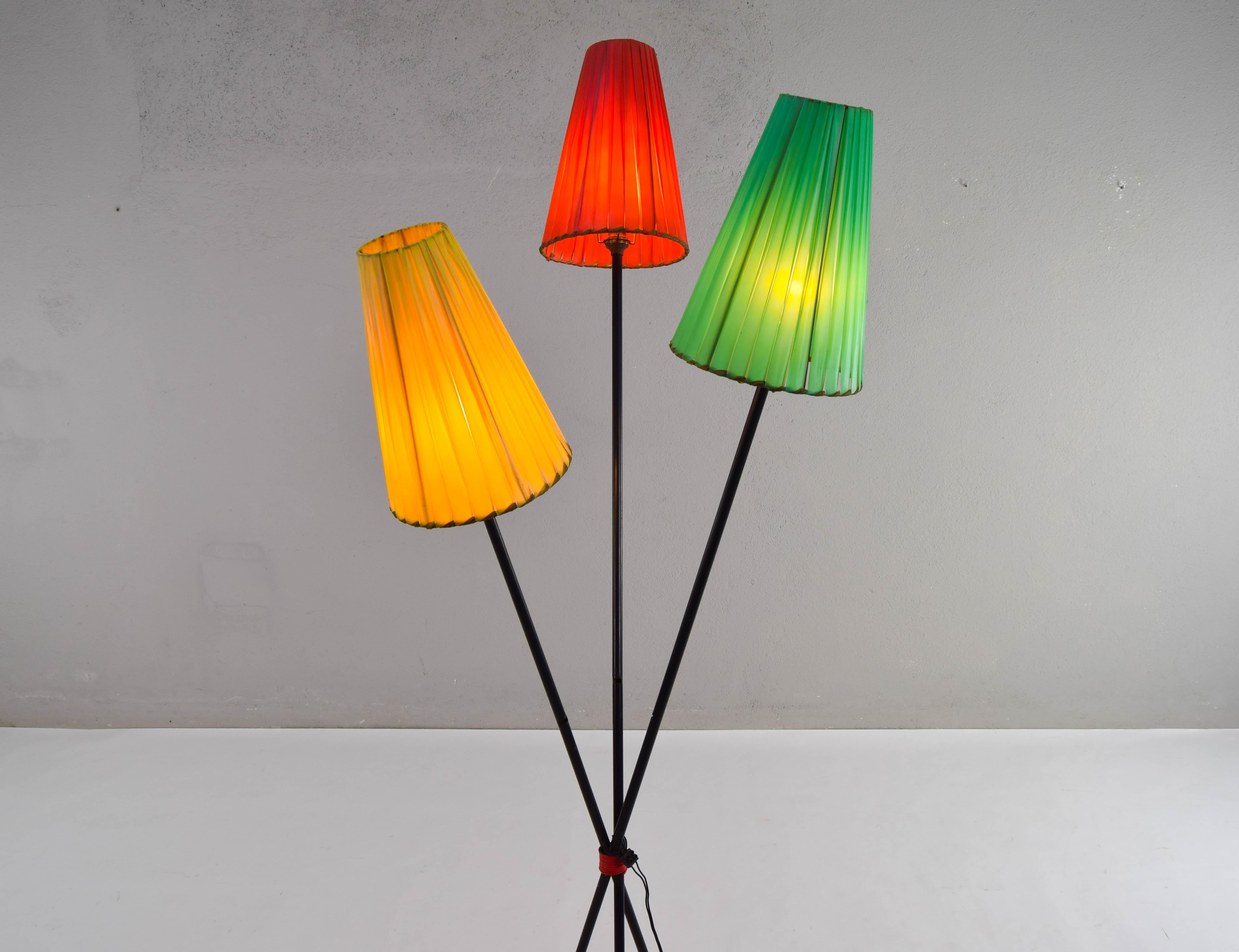 Tripod Floor lamp with Colored Shades attributed to Mathieu Matégot France 50s For Sale 1
