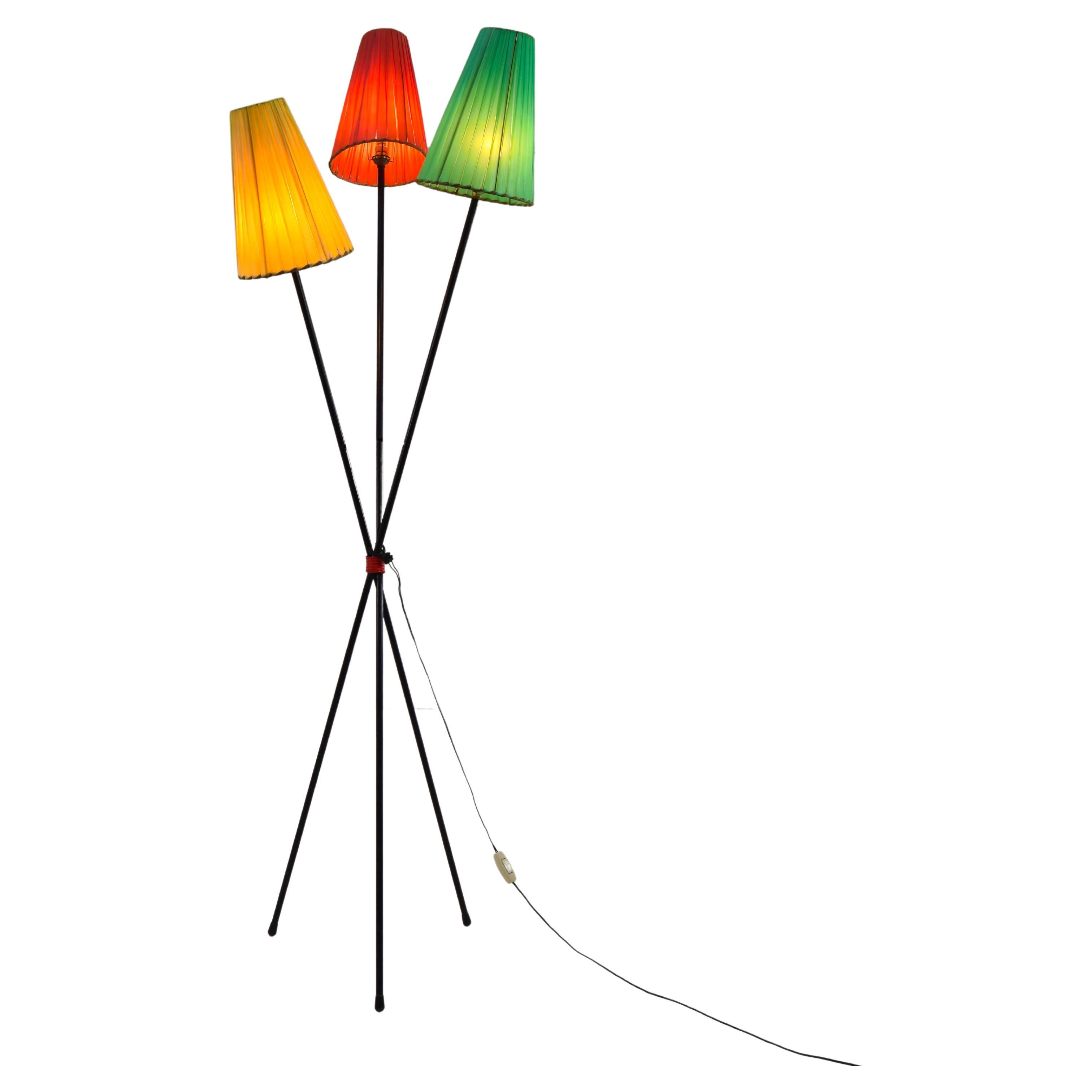 Tripod Floor lamp with Colored Shades attributed to Mathieu Matégot France 50s For Sale