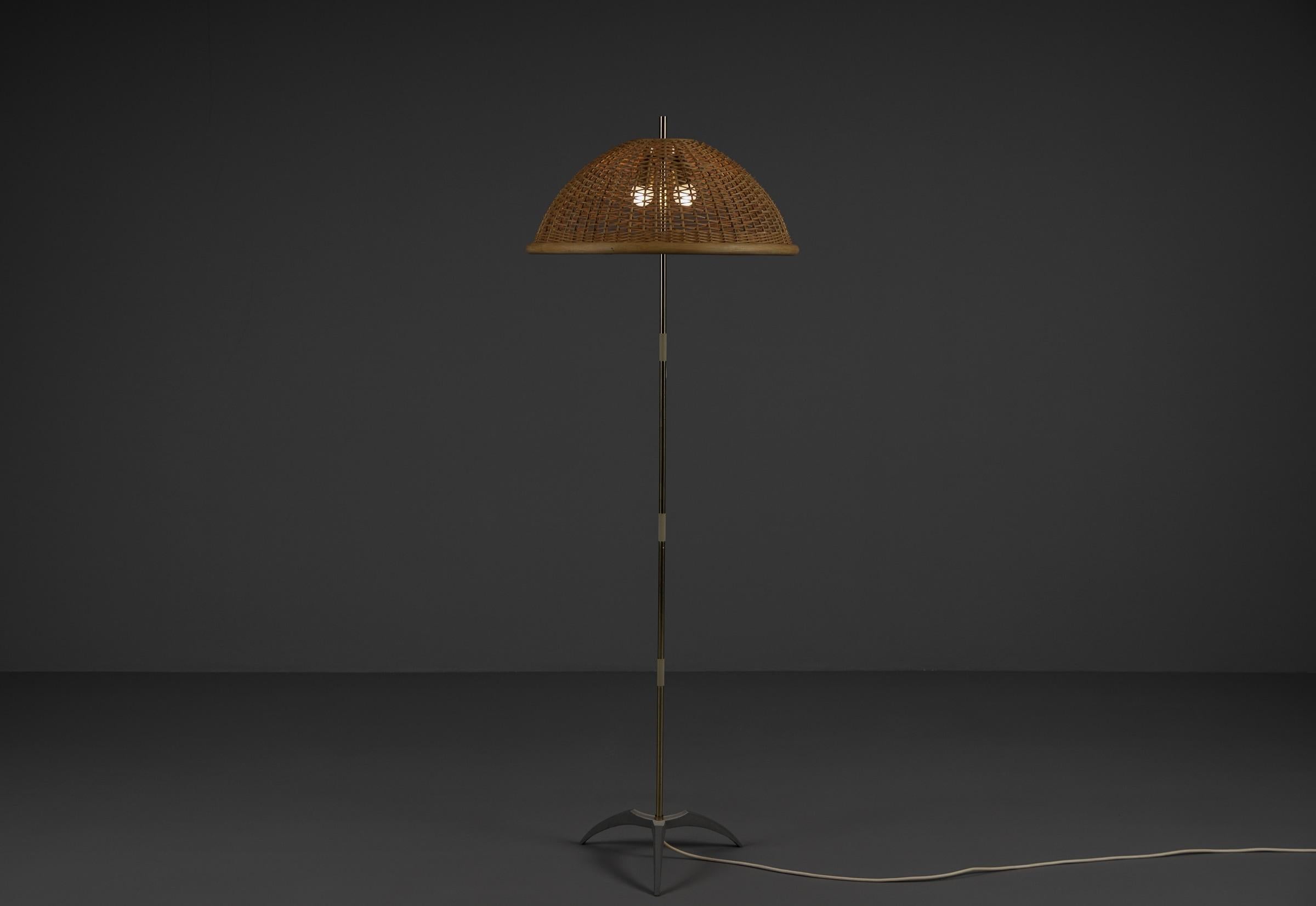 Mid-20th Century Tripod Floor Lamp with Rattan Shade, 1950s Italy For Sale