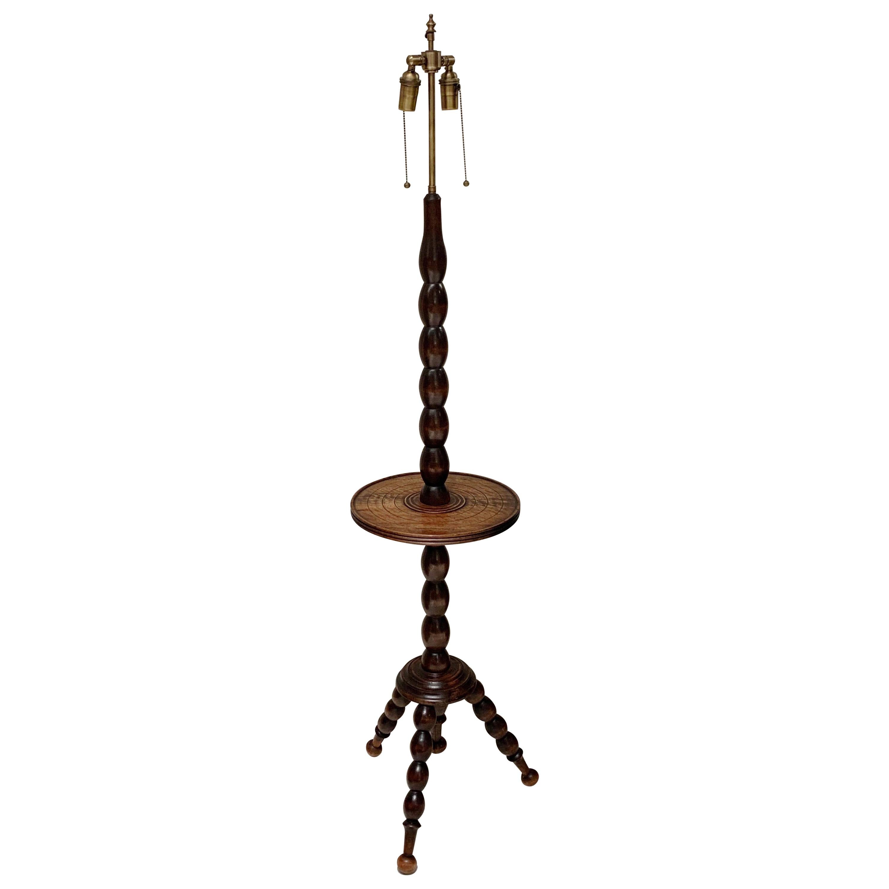 Tripod Leg Bobbin Floor Lamp with a Table, England, 1930s