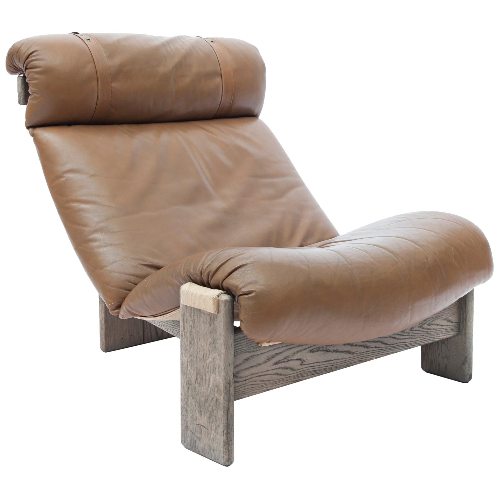 Tripod Lounge Chair in Oak, Leather and Canvas, 1970s For Sale at 1stDibs