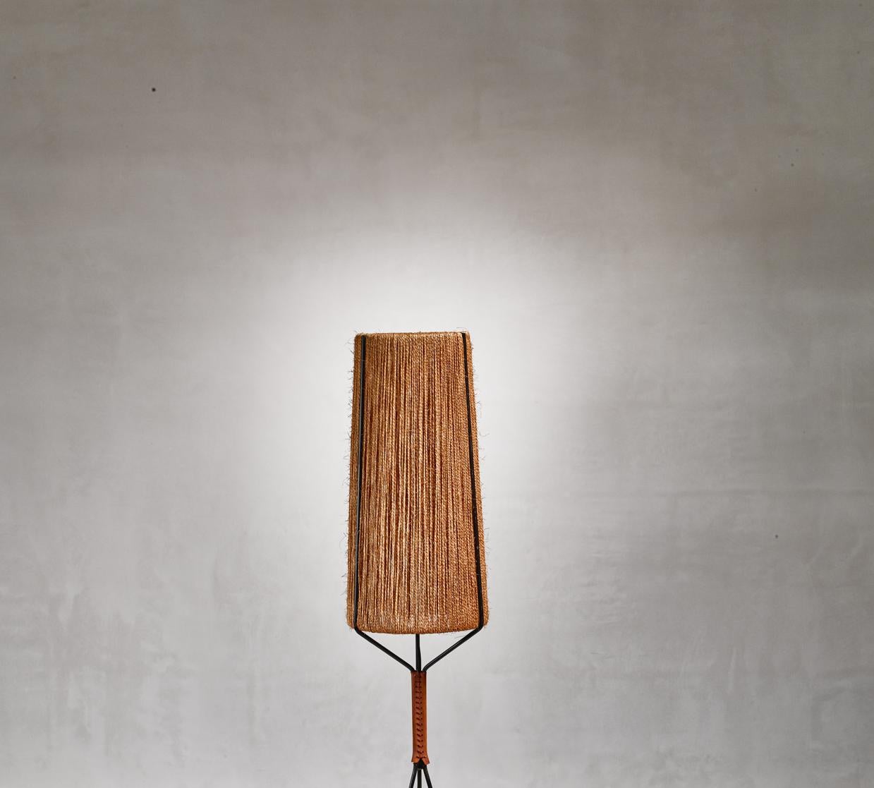 Tripod Metal and Rope Shade Floor Lamp, Denmark, 1950s In Good Condition In Maastricht, NL