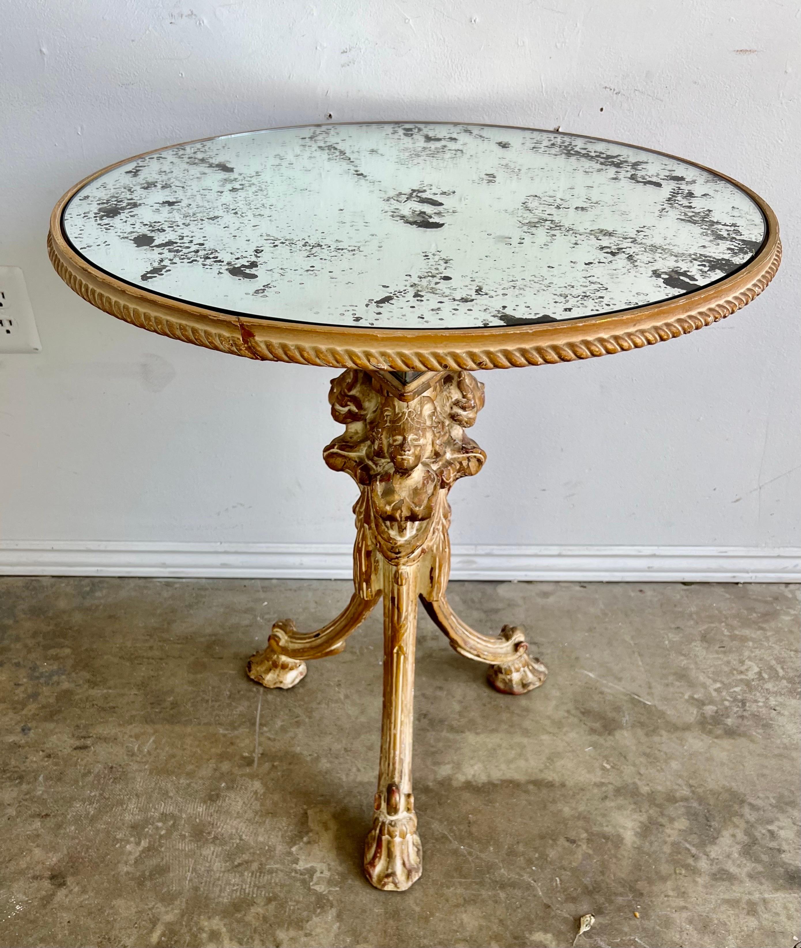 Tripod Mirror Top Table w/ Carved Cherubs  In Distressed Condition In Los Angeles, CA