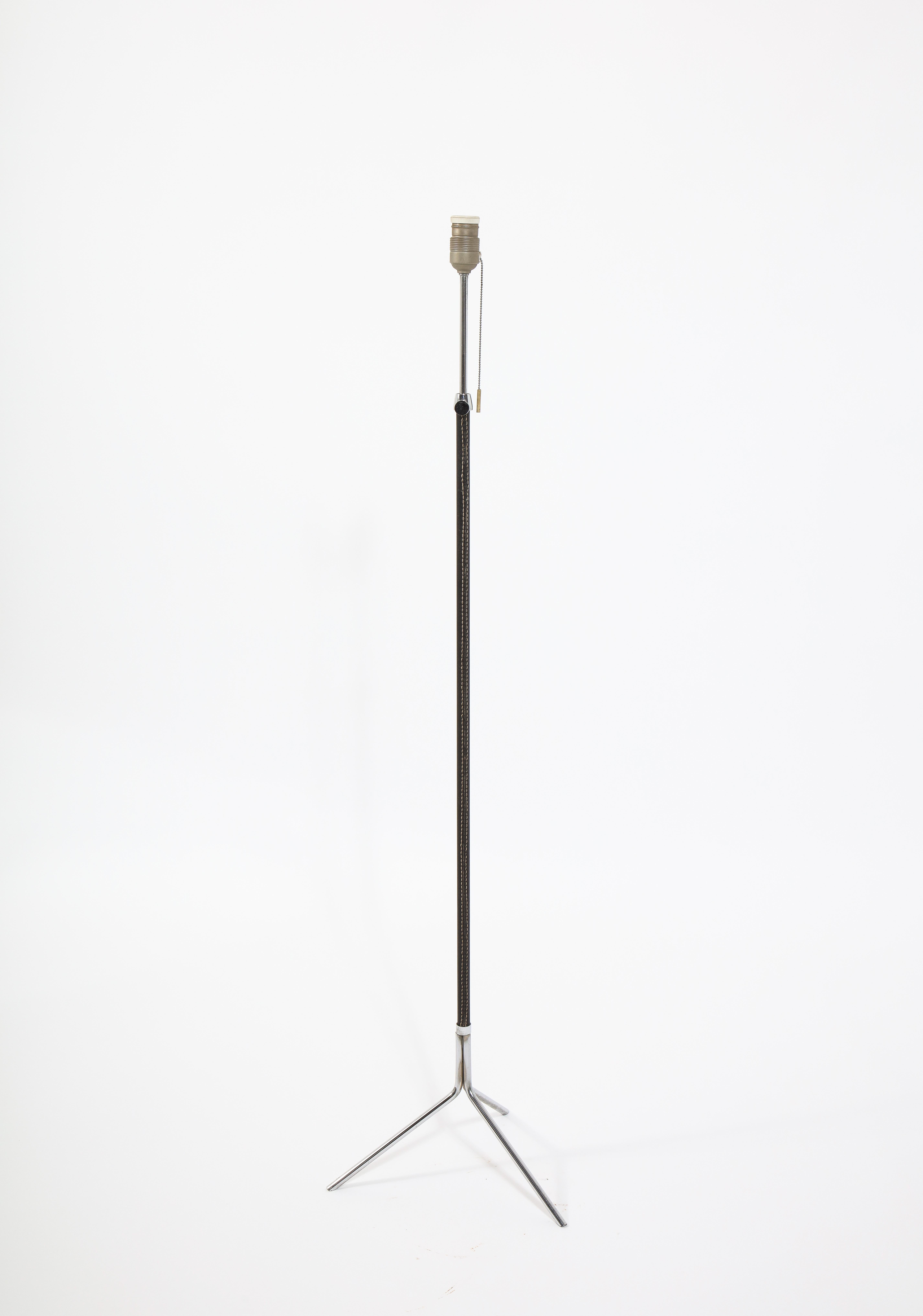 Tripod Nickel and Stitched Leather Standing Lamp after Adnet, France 1950's For Sale 5