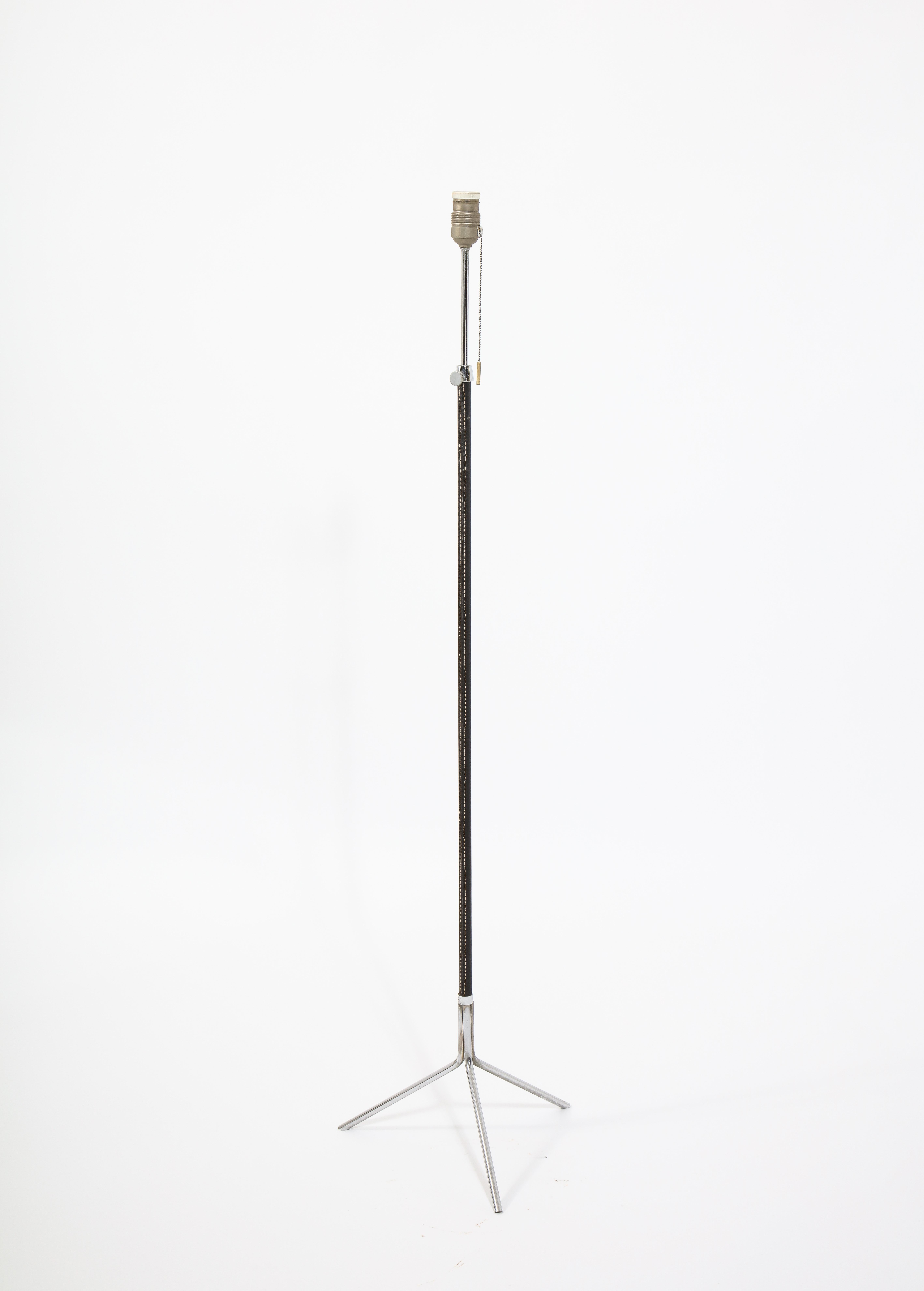 Tripod Nickel and Stitched Leather Standing Lamp after Adnet, France 1950's For Sale 6