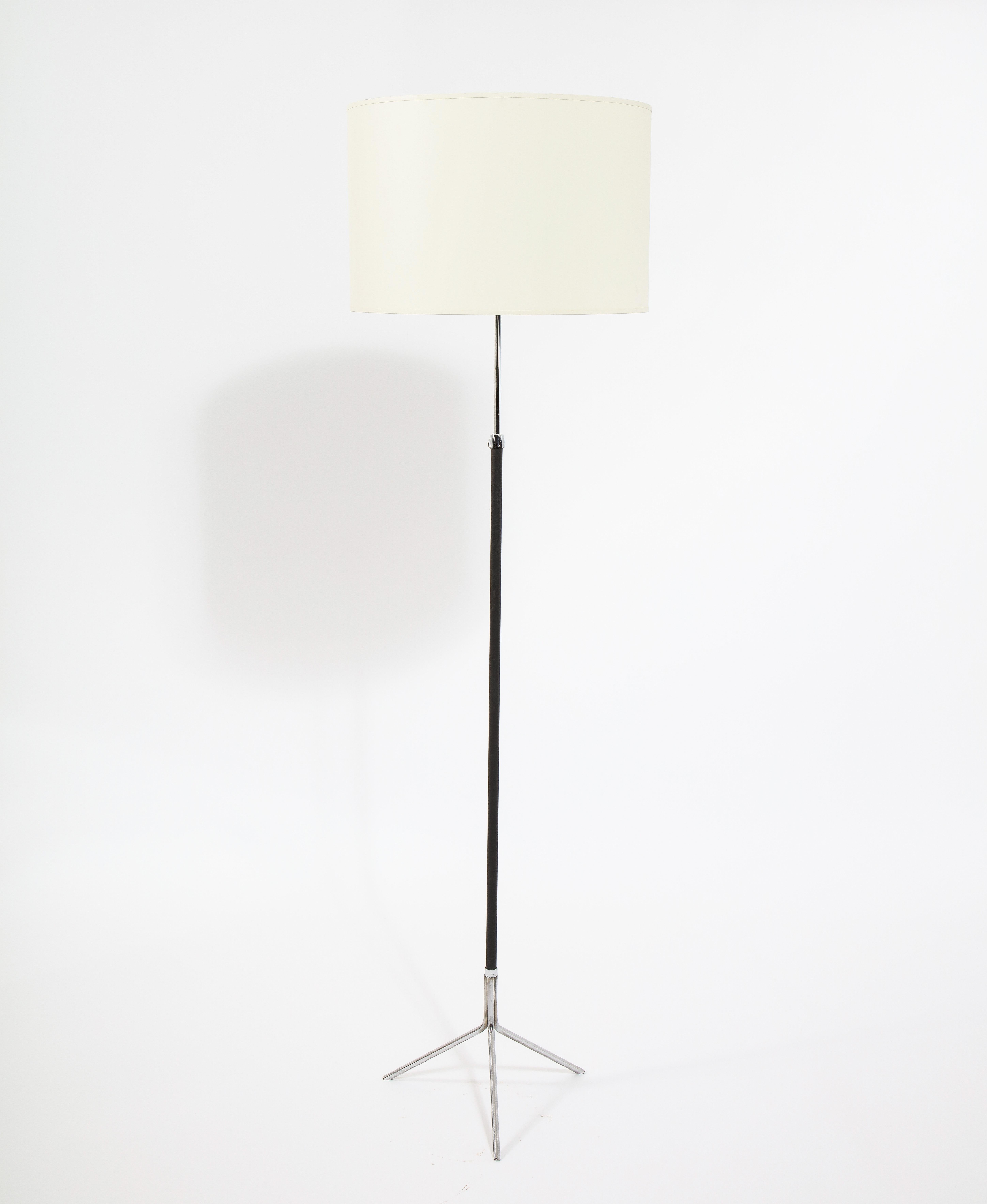 Mid-Century Modern Tripod Nickel and Stitched Leather Standing Lamp after Adnet, France 1950's For Sale