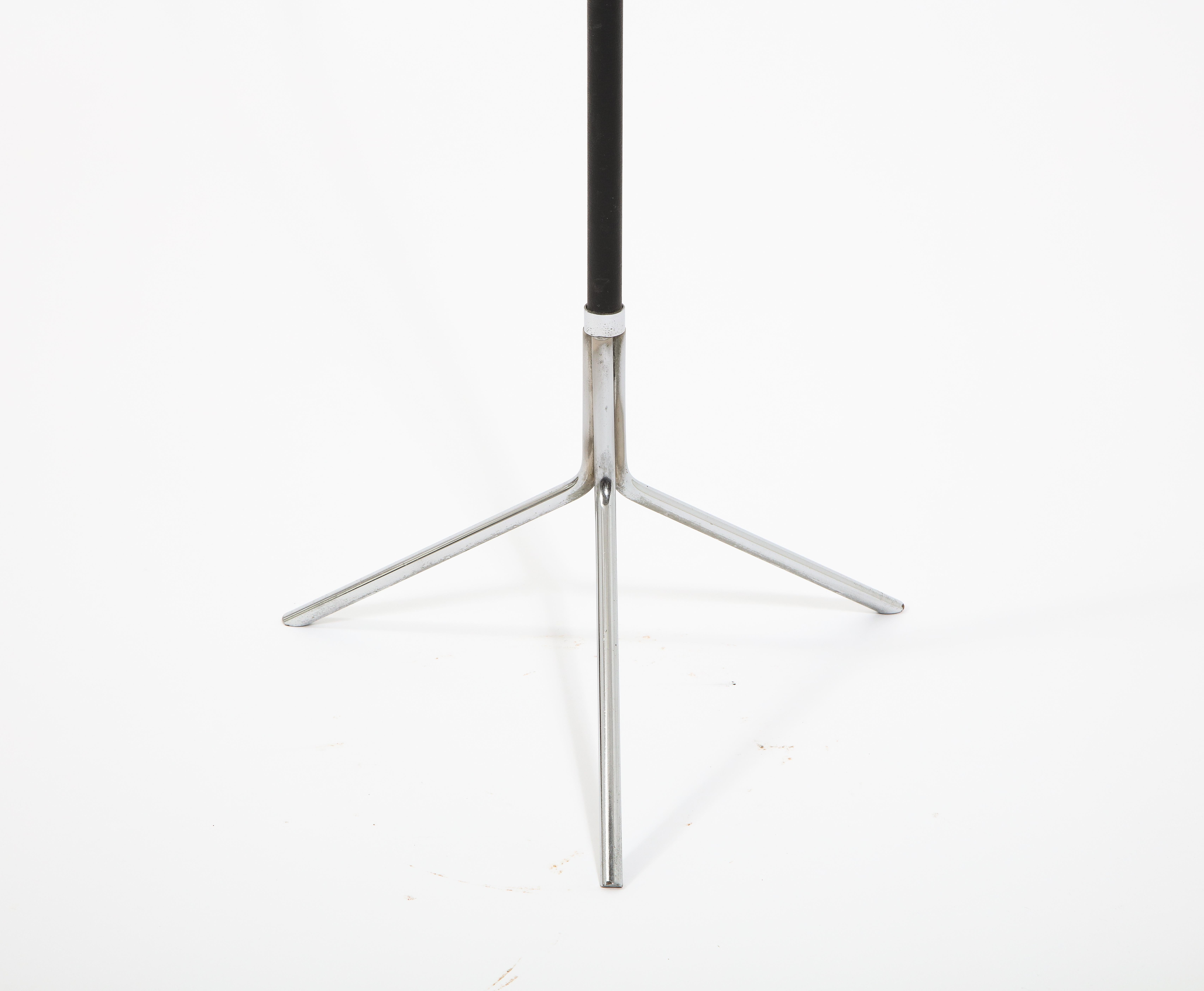 French Tripod Nickel and Stitched Leather Standing Lamp after Adnet, France 1950's For Sale