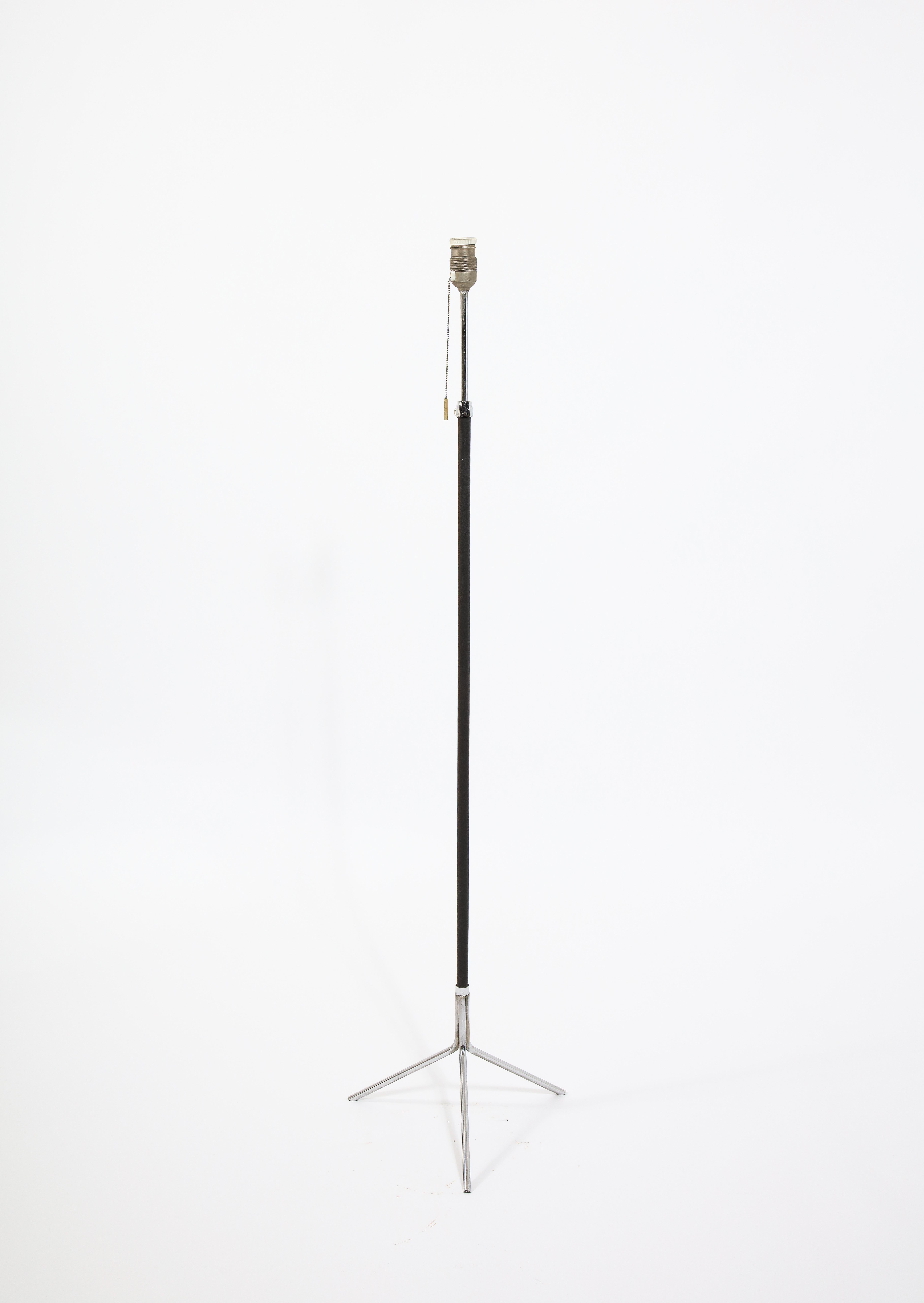 20th Century Tripod Nickel and Stitched Leather Standing Lamp after Adnet, France 1950's For Sale