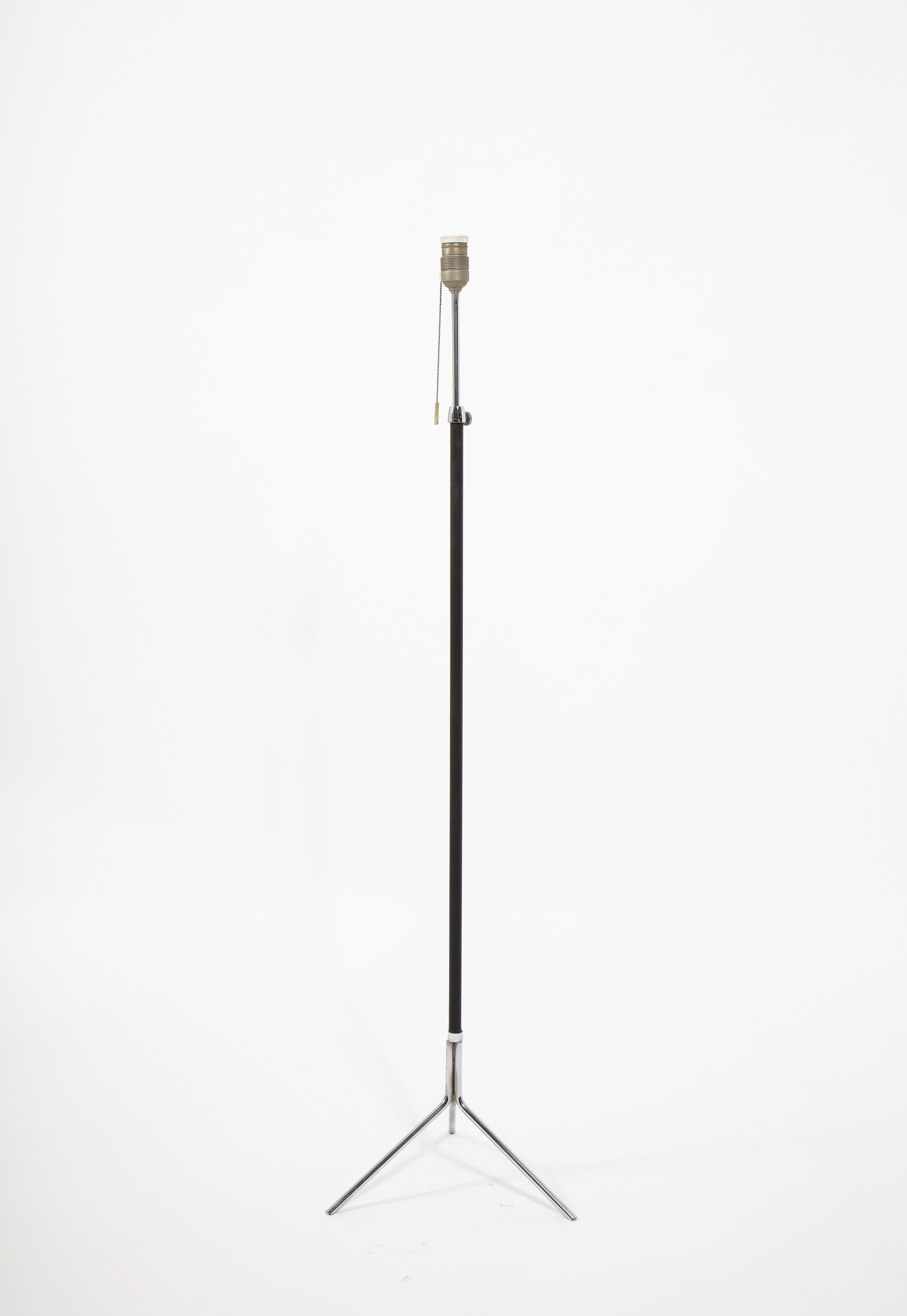 Brass Tripod Nickel and Stitched Leather Standing Lamp after Adnet, France 1950's For Sale