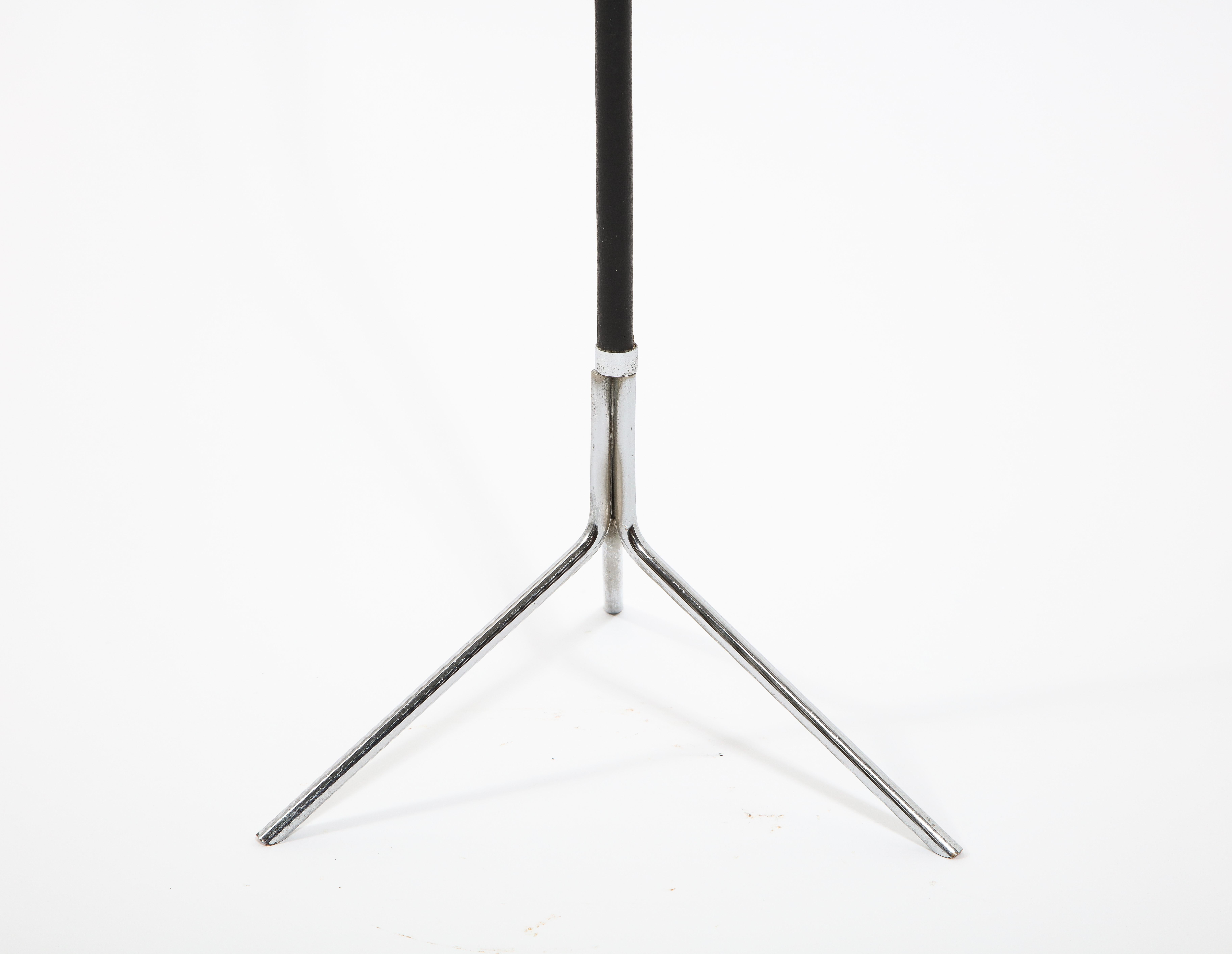 Tripod Nickel and Stitched Leather Standing Lamp after Adnet, France 1950's For Sale 1