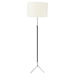 Tripod Nickel and Stitched Leather Standing Lamp after Adnet, France 1950's