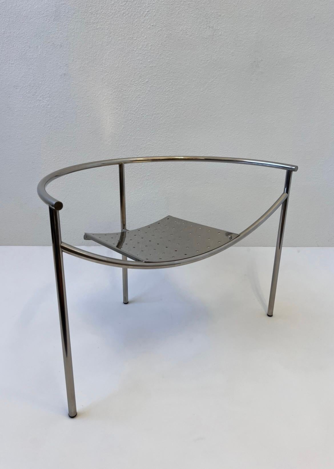 Post-Moder Polish Nickel Tripod “Dr Sonderbar” Lounge Chair by renowned French designer Philippe Starck. 

I great vintage condition shows minor wear consistent with age. 