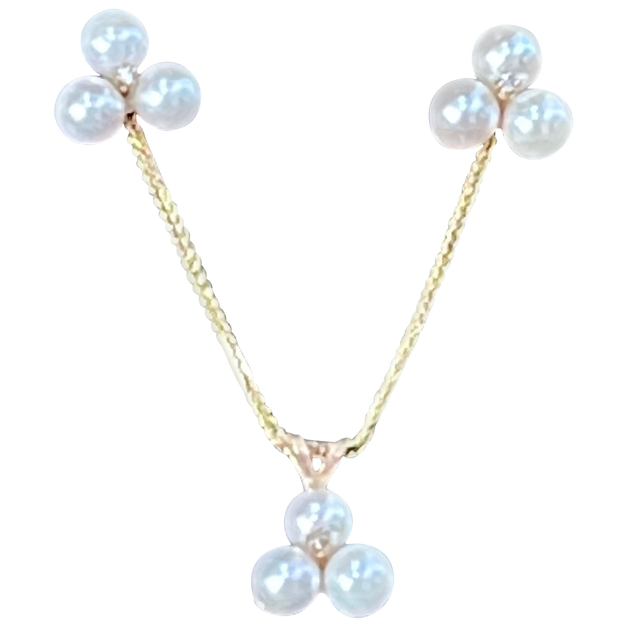 Tripod Pearl Earring with Matching Pendant & 14 Karat Yellow Gold Chain Set For Sale