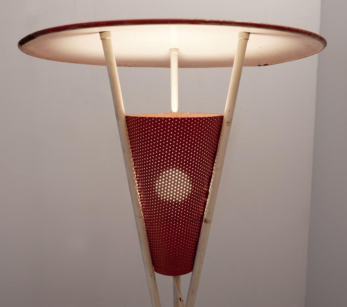 Tripod perforated metal floor lamp, 1950s.