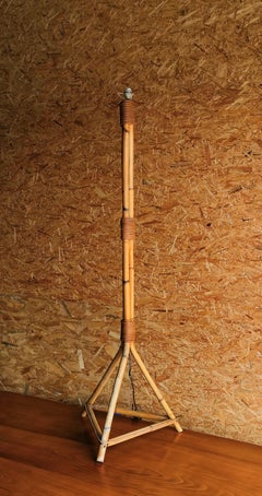 Tripod Rattan and Bamboo Floor Lamp, France, 1970s