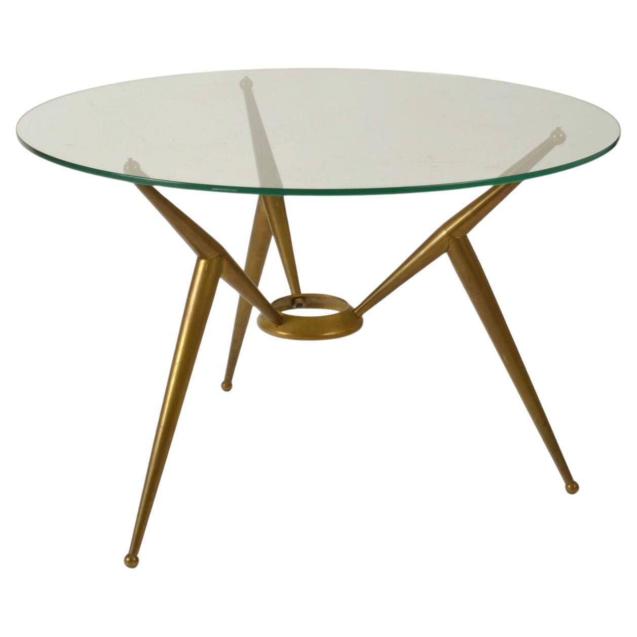 Tripod Round Italian Brass and Glass 1950s Coffee Table