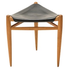 Vintage Tripod Stool in Oak and Leather by Uno & Östen Kristiansson, Luxus, 1960s