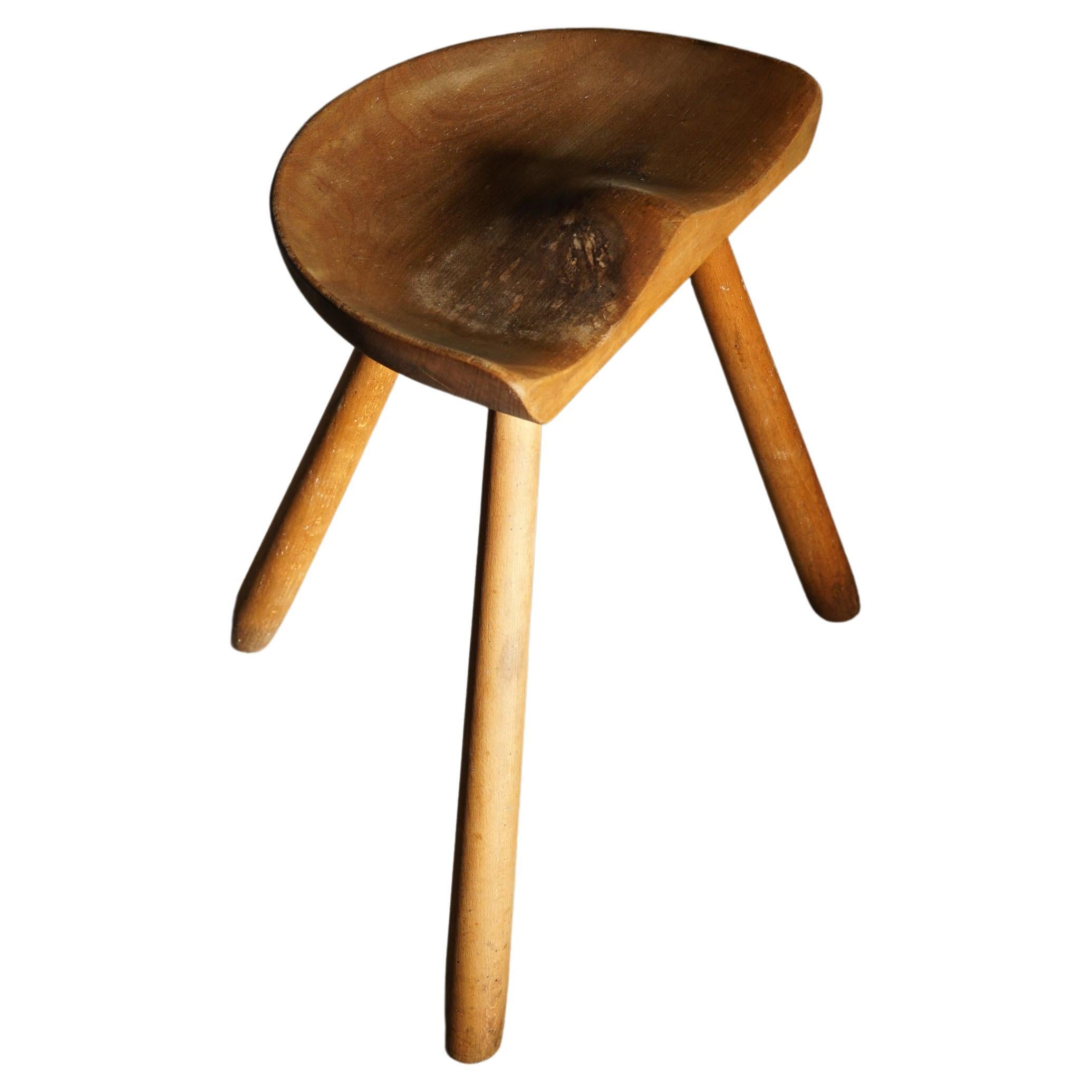 Tripod Stool in Solid Beech Wood, by Danish Cabinetmaker, Mid Century, Ca 1960s