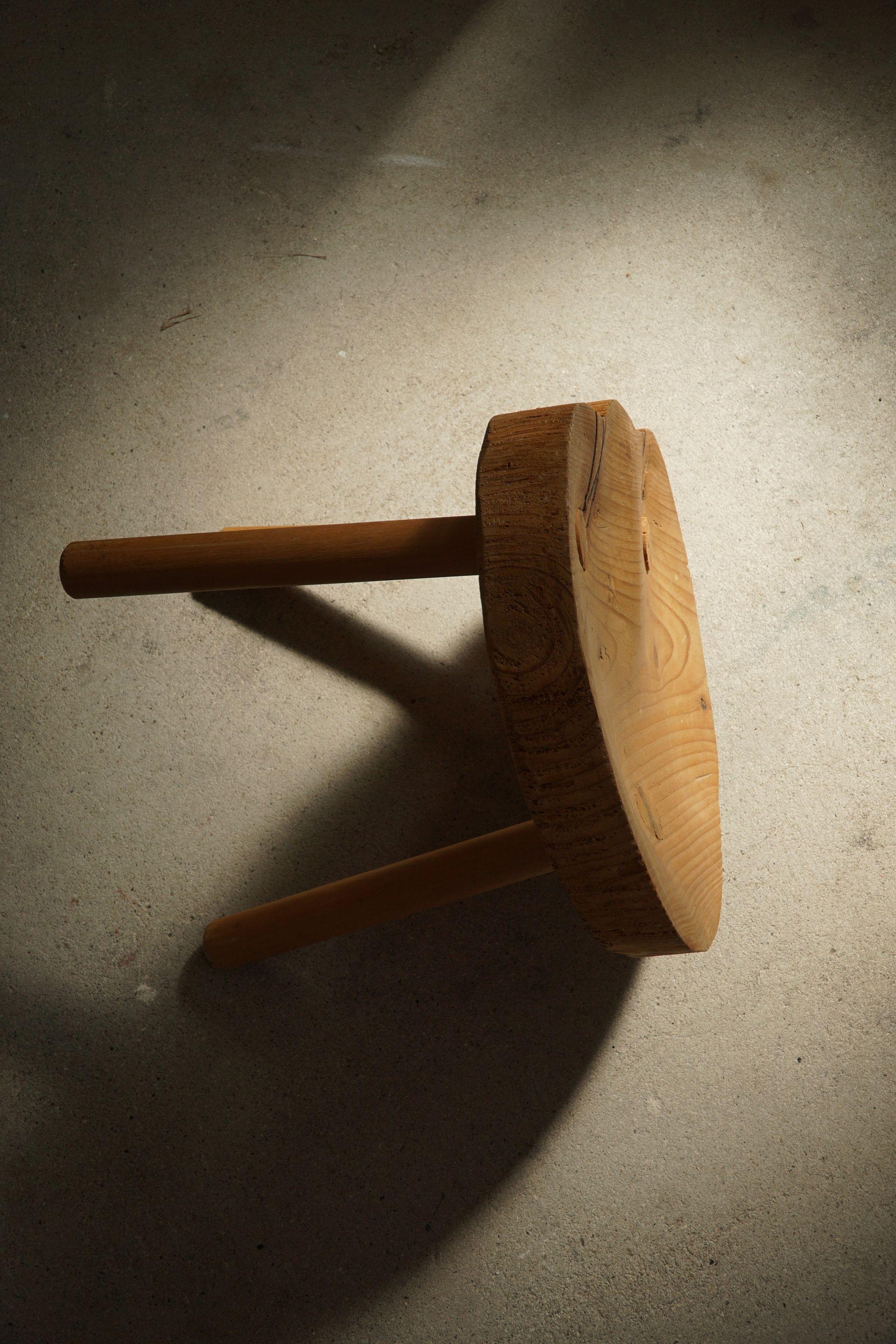 20th Century Tripod Stool in Solid Pine Wood, by Swedish Cabinetmaker, Mid Century, Ca 1960s For Sale