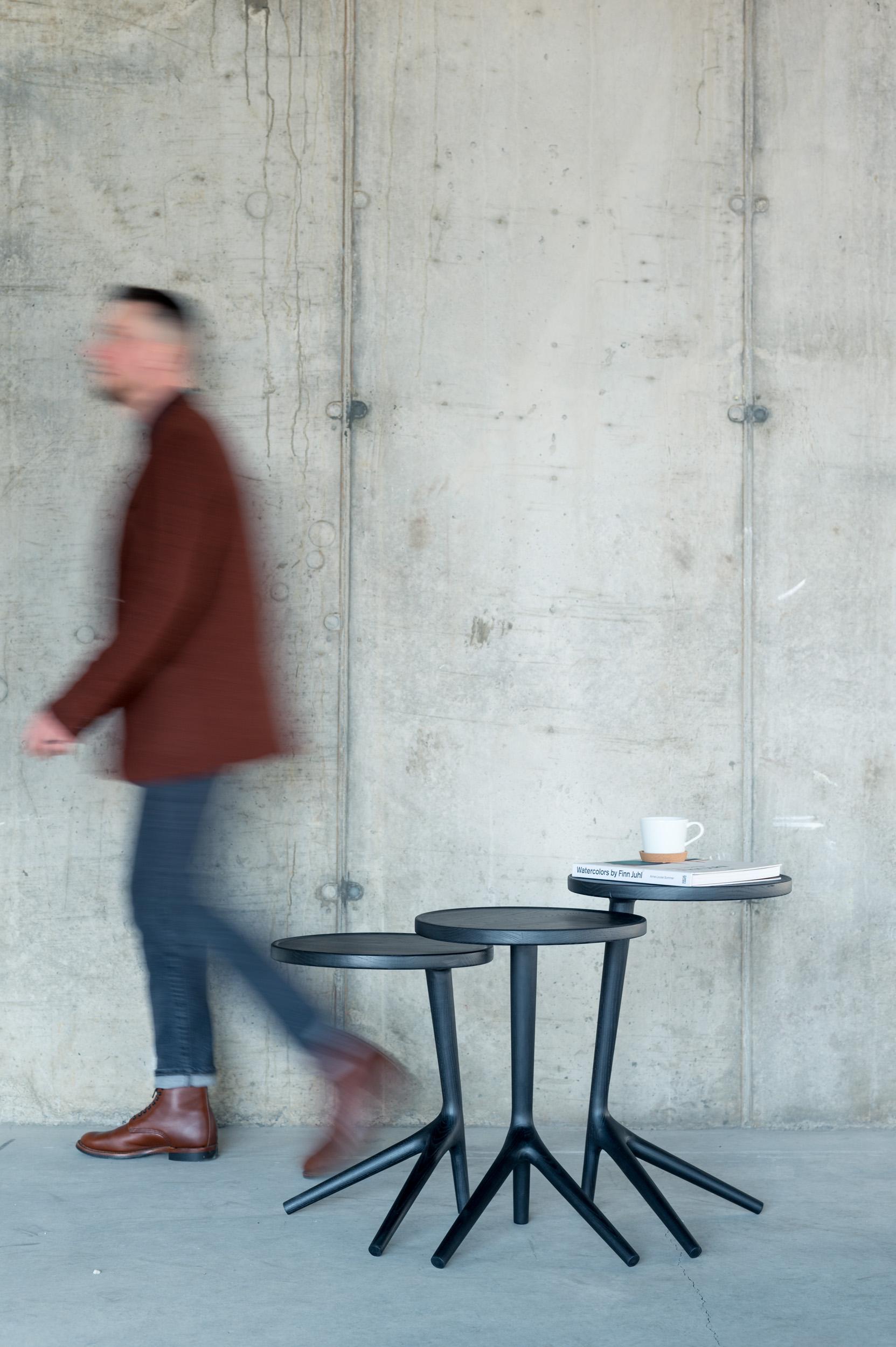 Tripod Table Charcoal stained Ash Wood, Black End Table In New Condition For Sale In Bend, OR