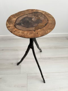 Tripod Table Handcrafted of Petrified Wood, Cast Bronze, and Burl Ash