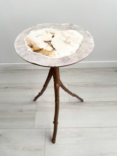 Tripod Table Handcrafted of Petrified Wood, Cast Bronze, and Burl Ash