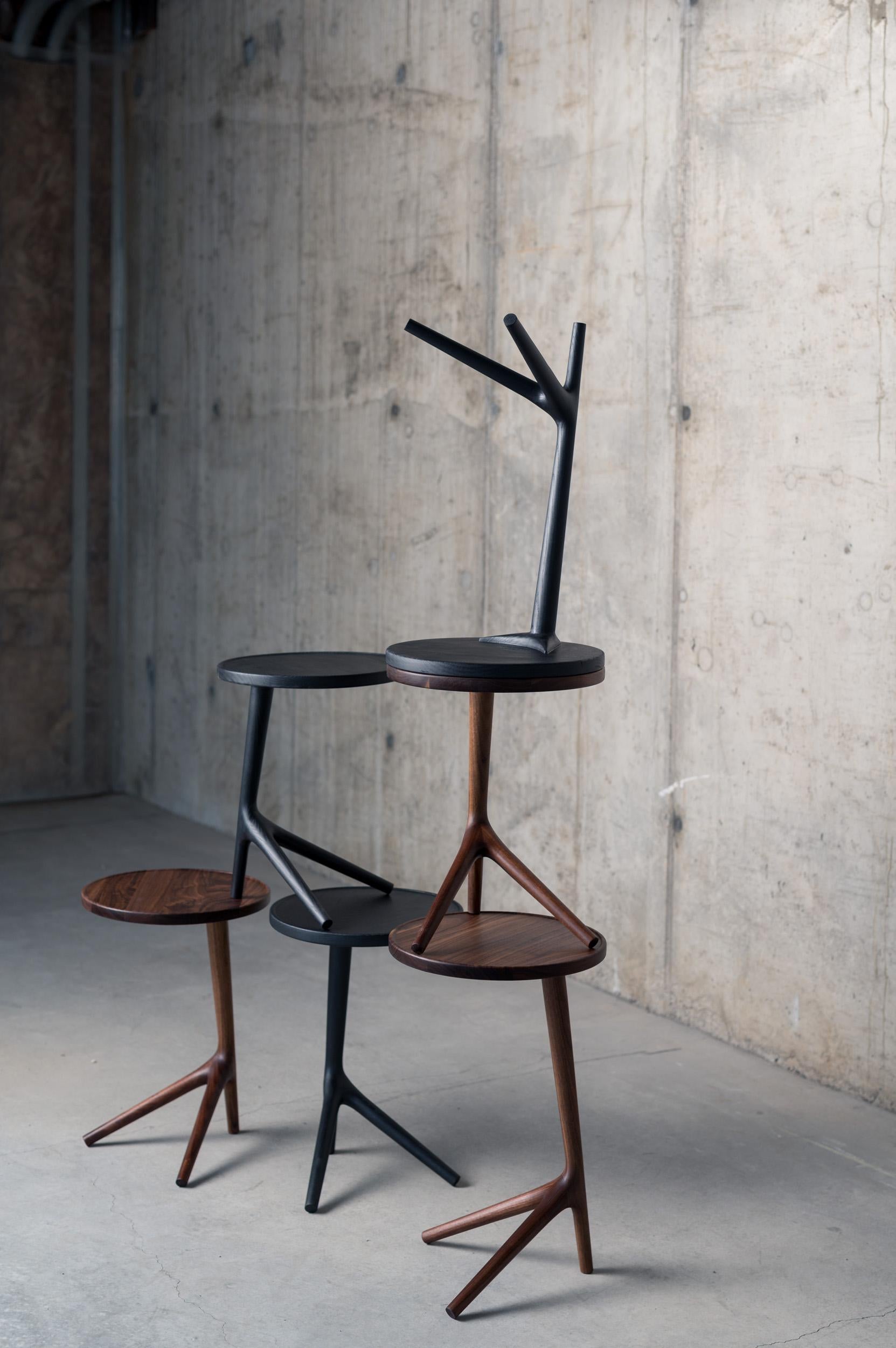 Hand-Carved Tripod Table in Charcoal Stained Ash Wood - Accent Nesting Table for Living Room For Sale