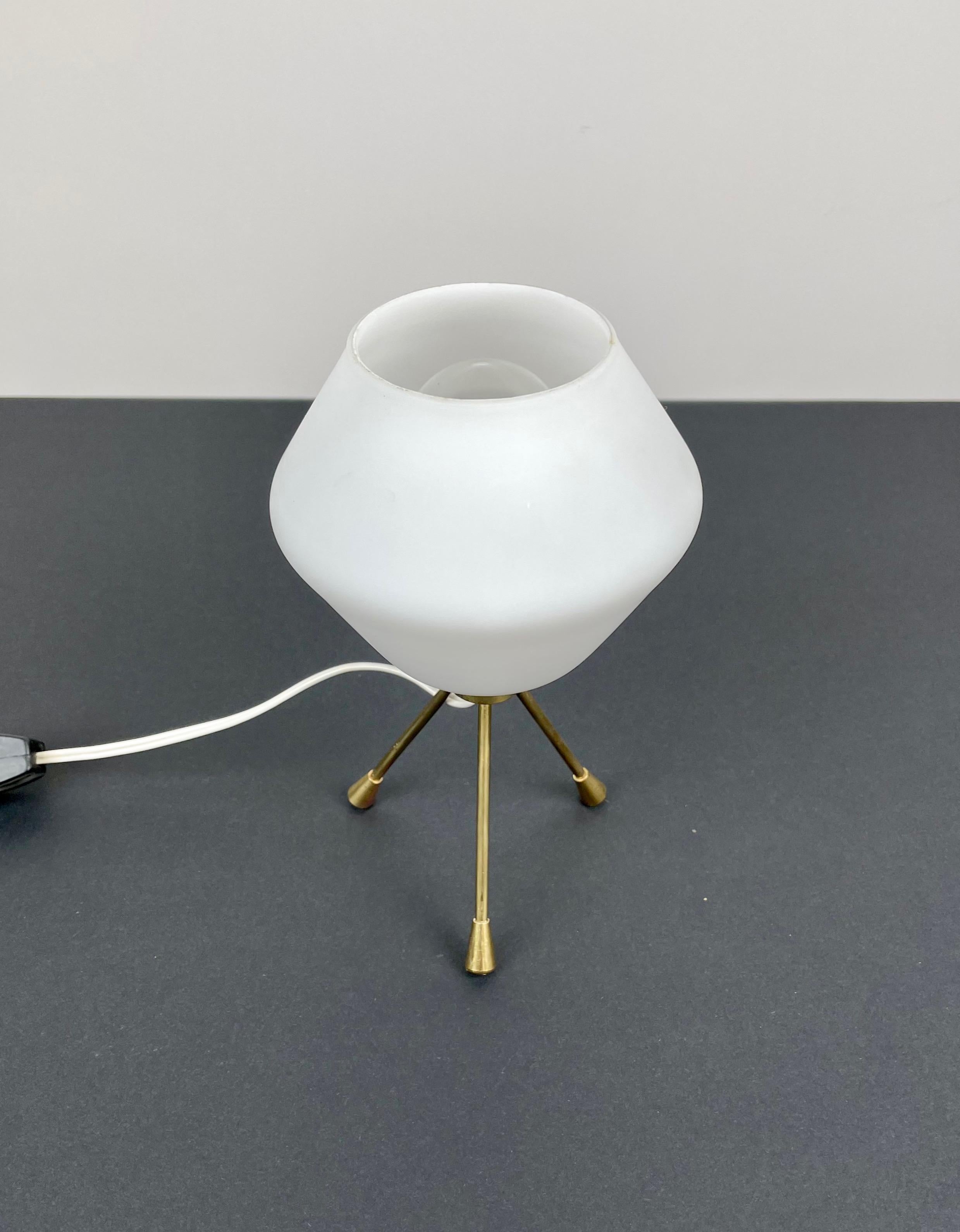 Italian Tripod Table Lamp Brass and Opaline Glass, Italy, 1960s For Sale
