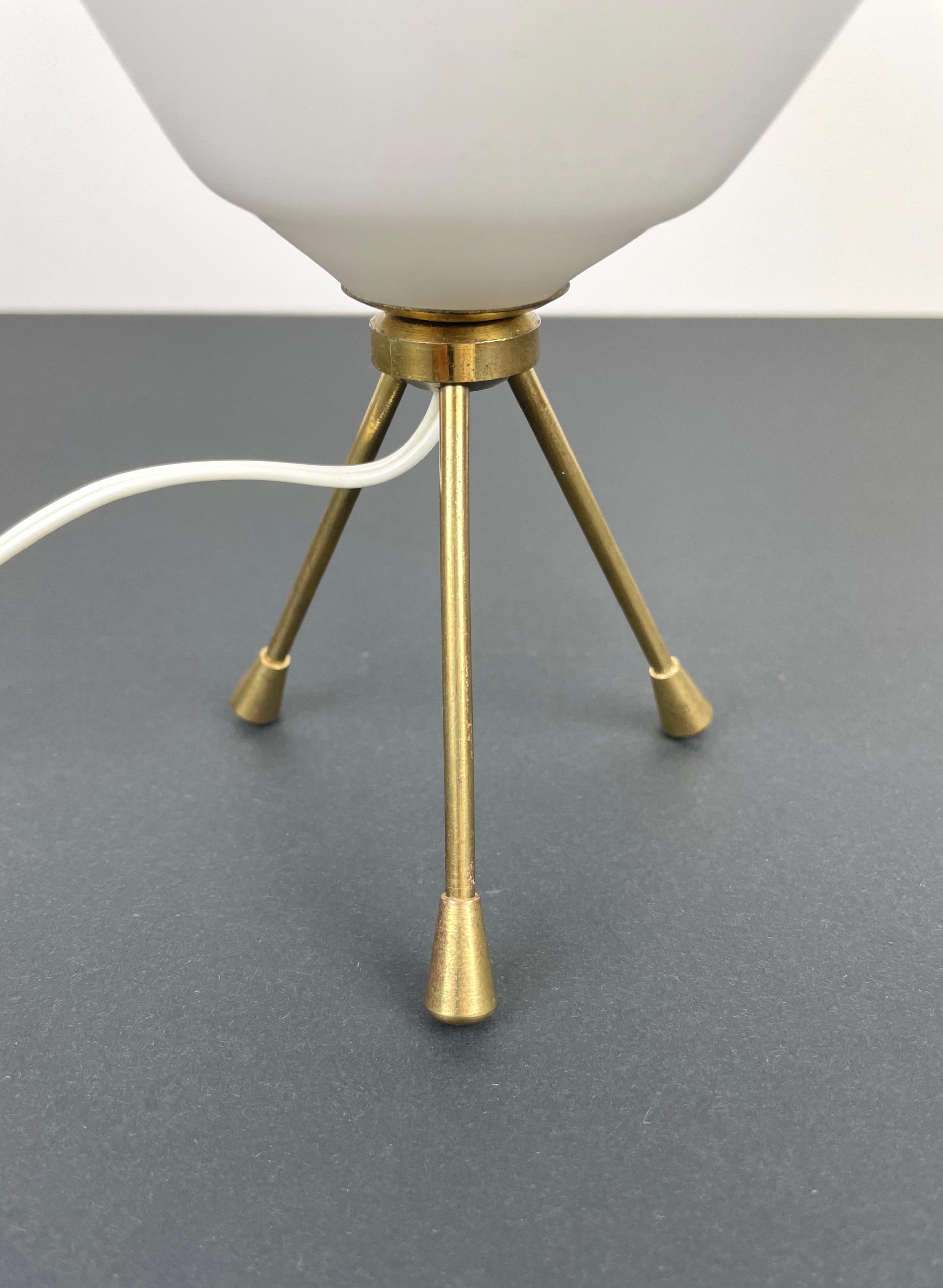 Mid-20th Century Tripod Table Lamp Brass and Opaline Glass, Italy, 1960s For Sale
