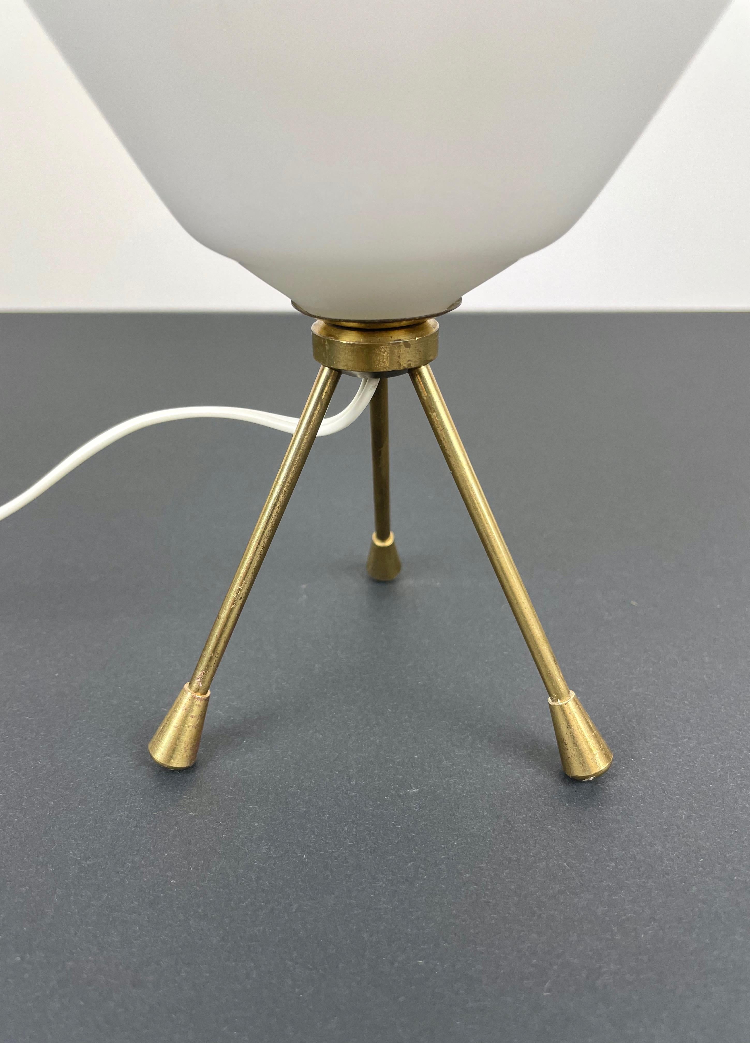 Metal Tripod Table Lamp Brass and Opaline Glass, Italy, 1960s For Sale