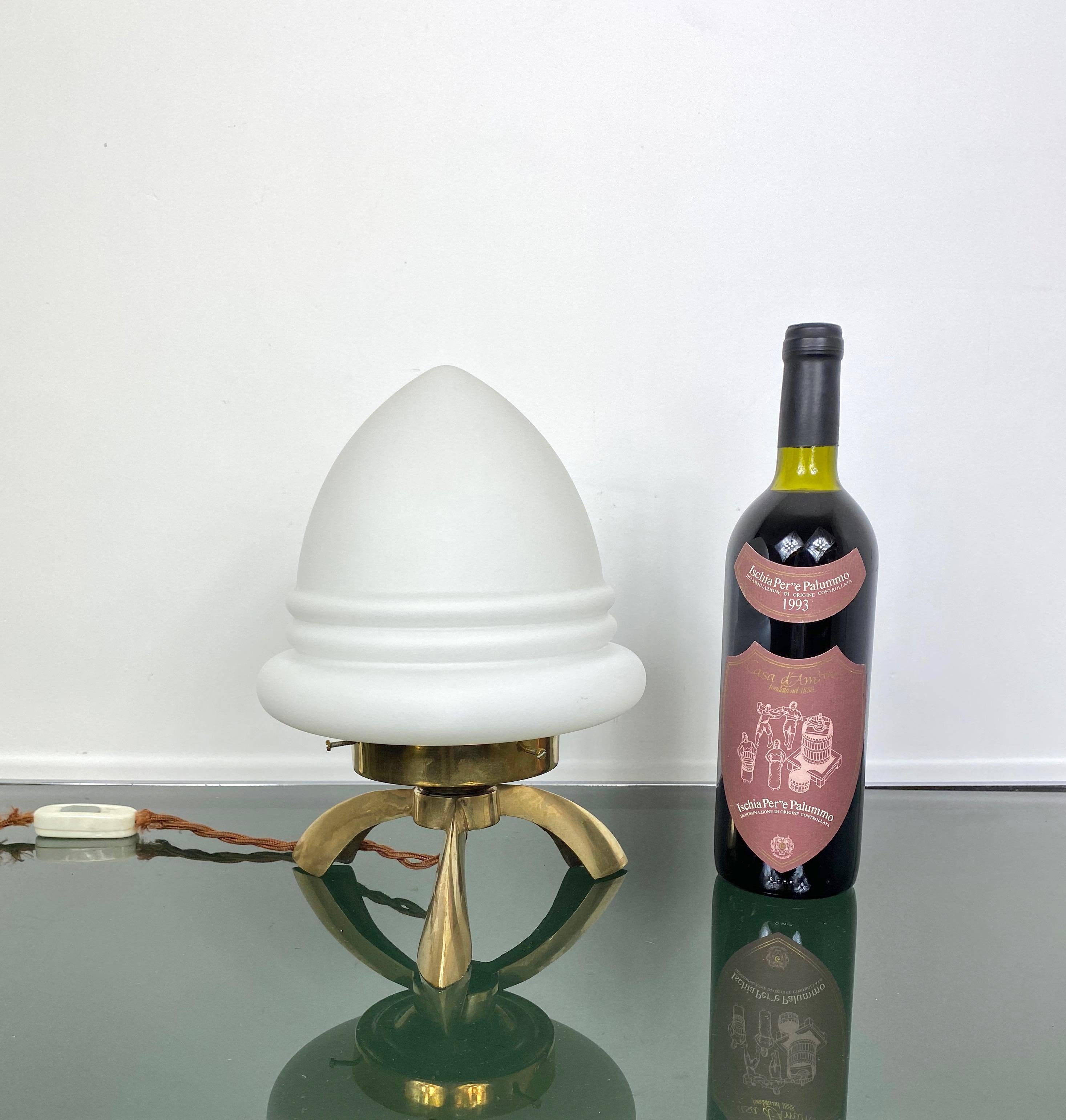 Tripod Table Lamp in Opaline Glass and Brass Angelo Lelli Space Age Style, 1960s For Sale 8