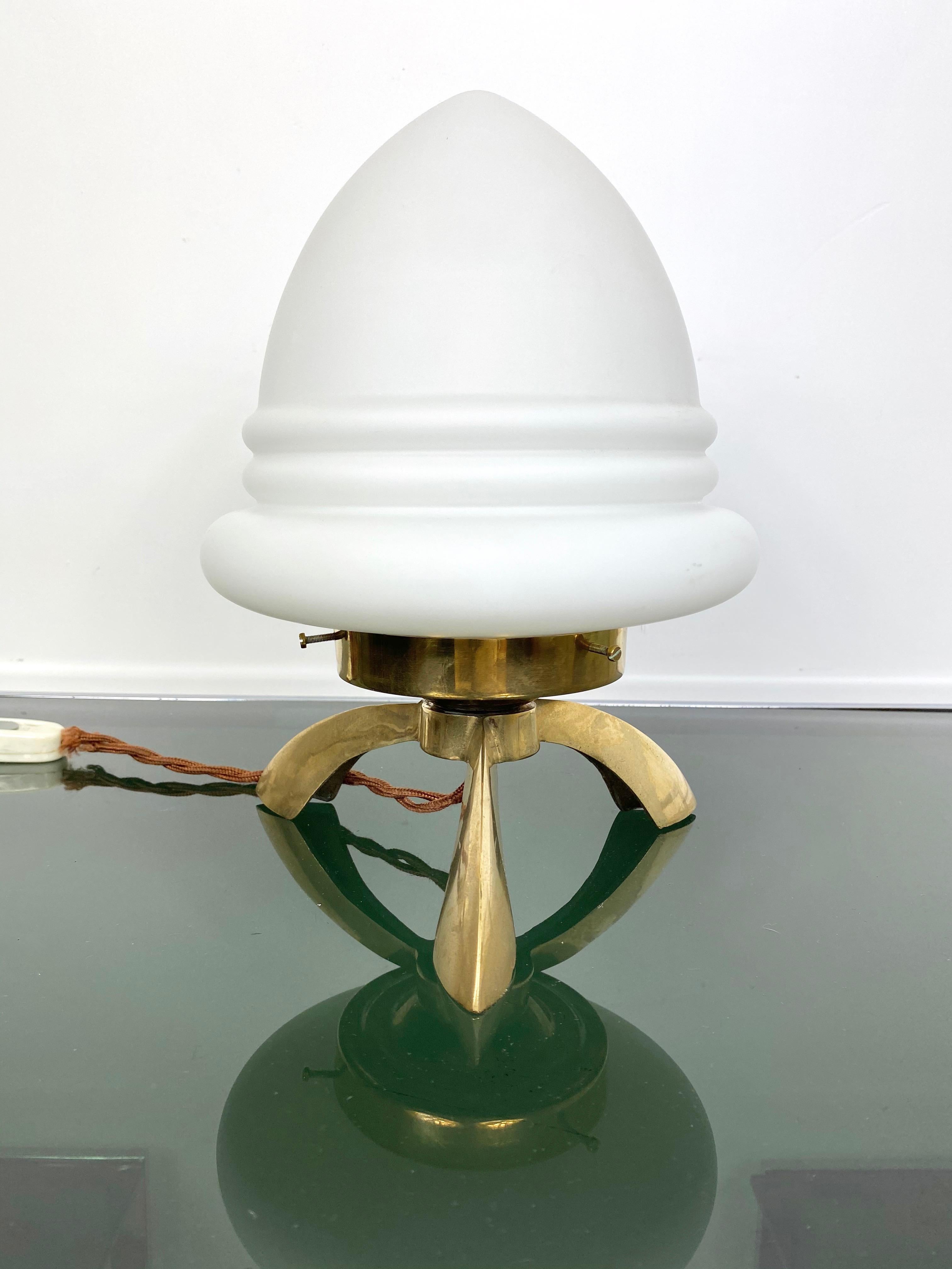 Italian Tripod Table Lamp in Opaline Glass and Brass Angelo Lelli Space Age Style, 1960s For Sale