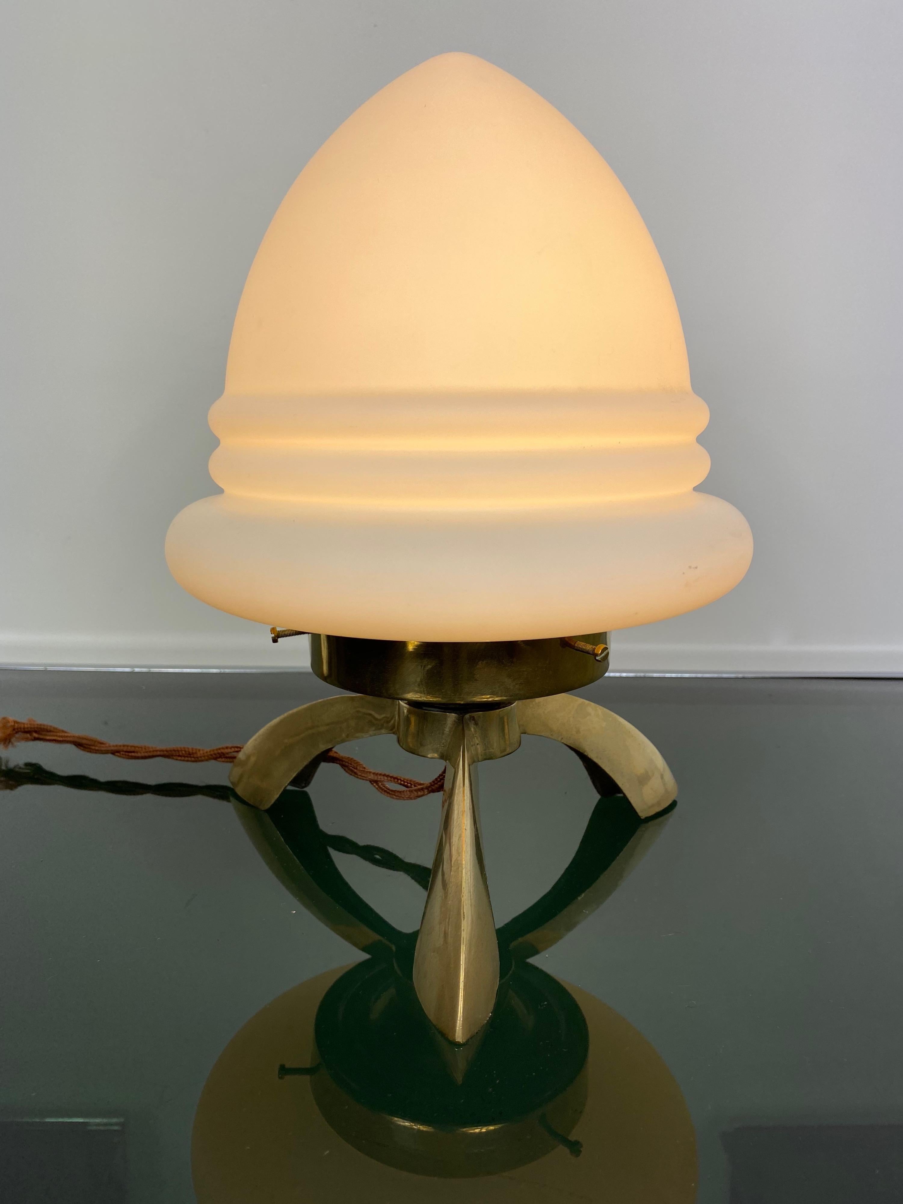 Metal Tripod Table Lamp in Opaline Glass and Brass Angelo Lelli Space Age Style, 1960s For Sale