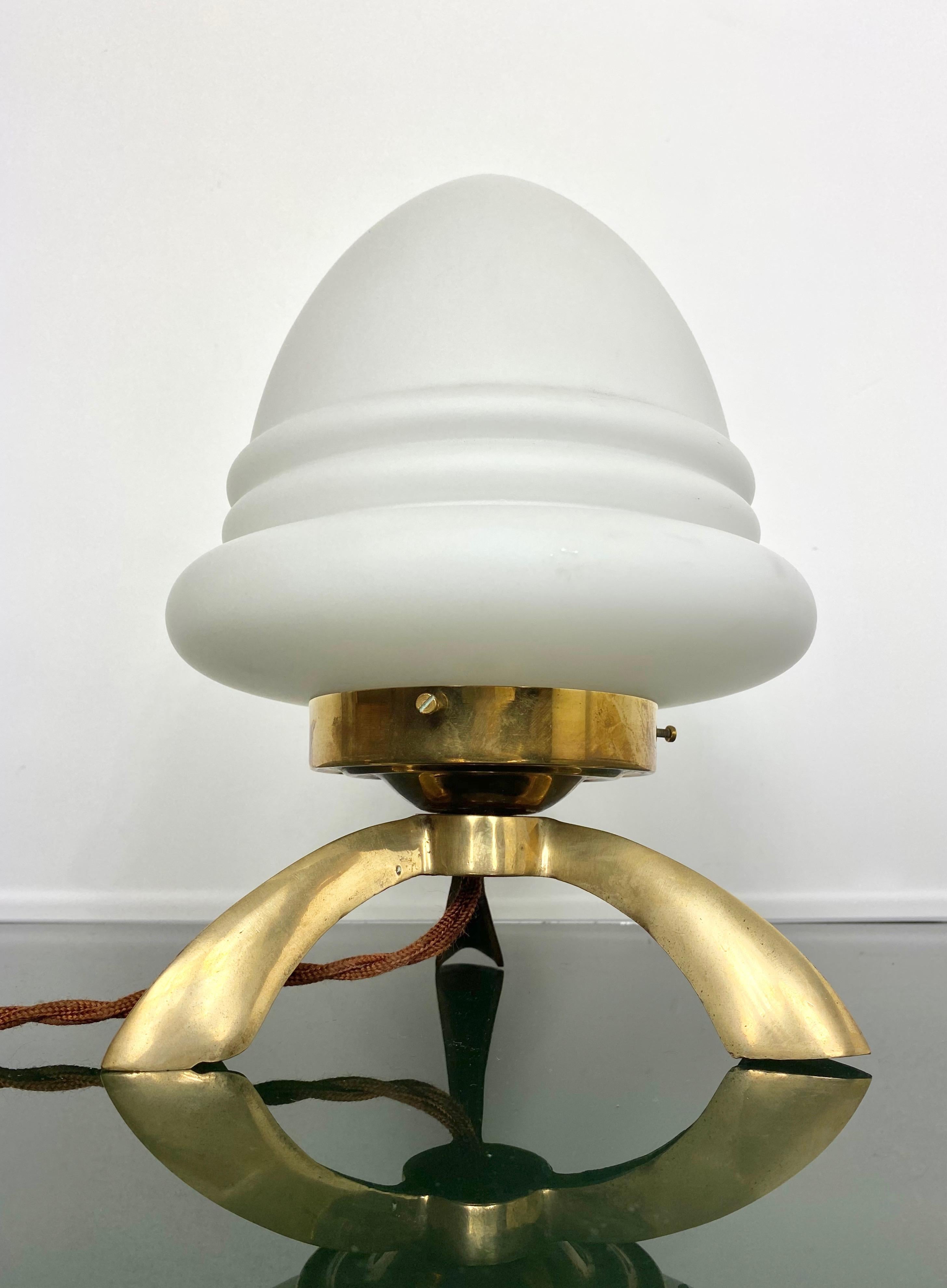 Tripod Table Lamp in Opaline Glass and Brass Angelo Lelli Space Age Style, 1960s For Sale 2