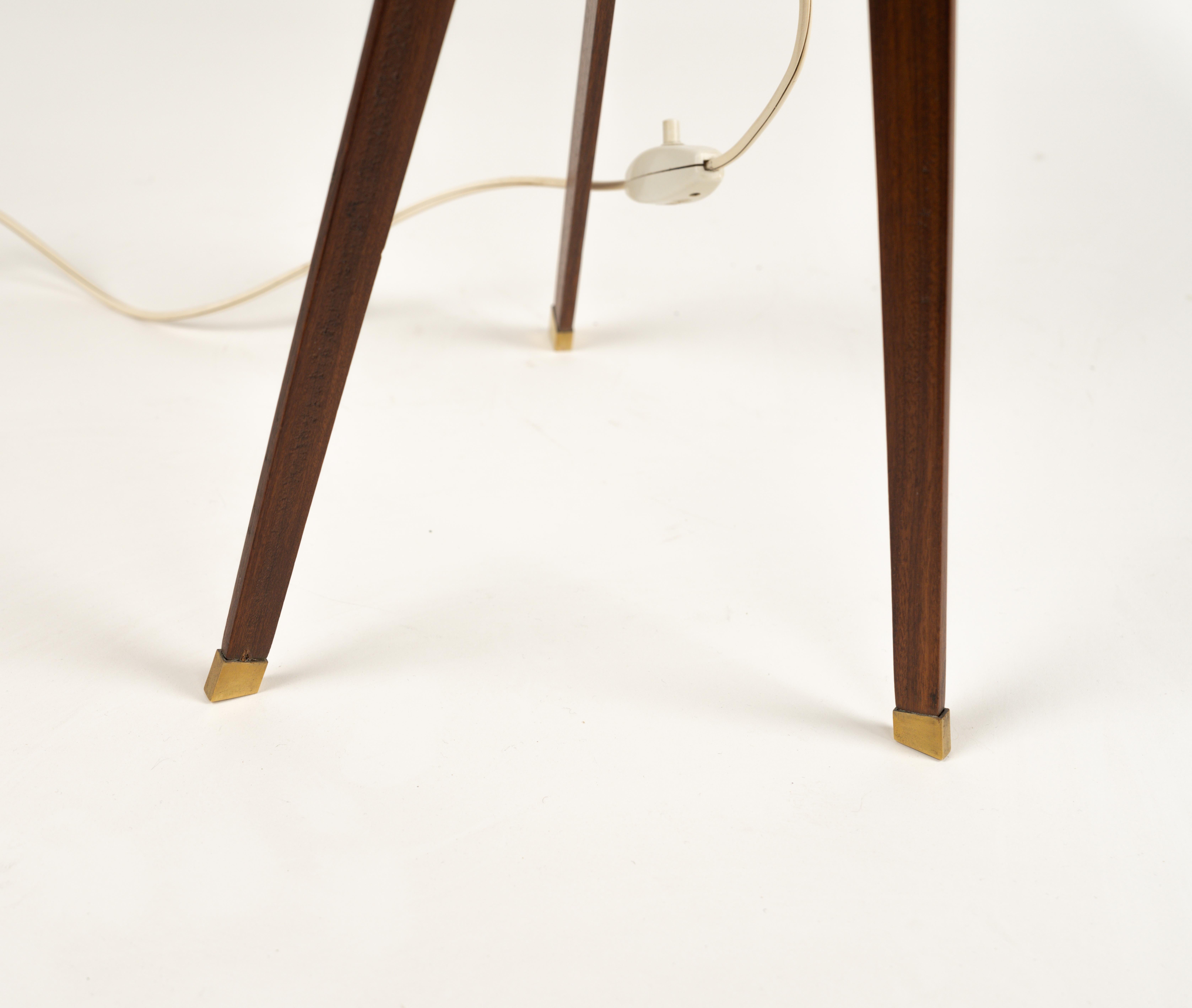 Tripod Table Lamp in Teak, Opaline Glass and Brass Stilnovo Style, Italy 1960s For Sale 5