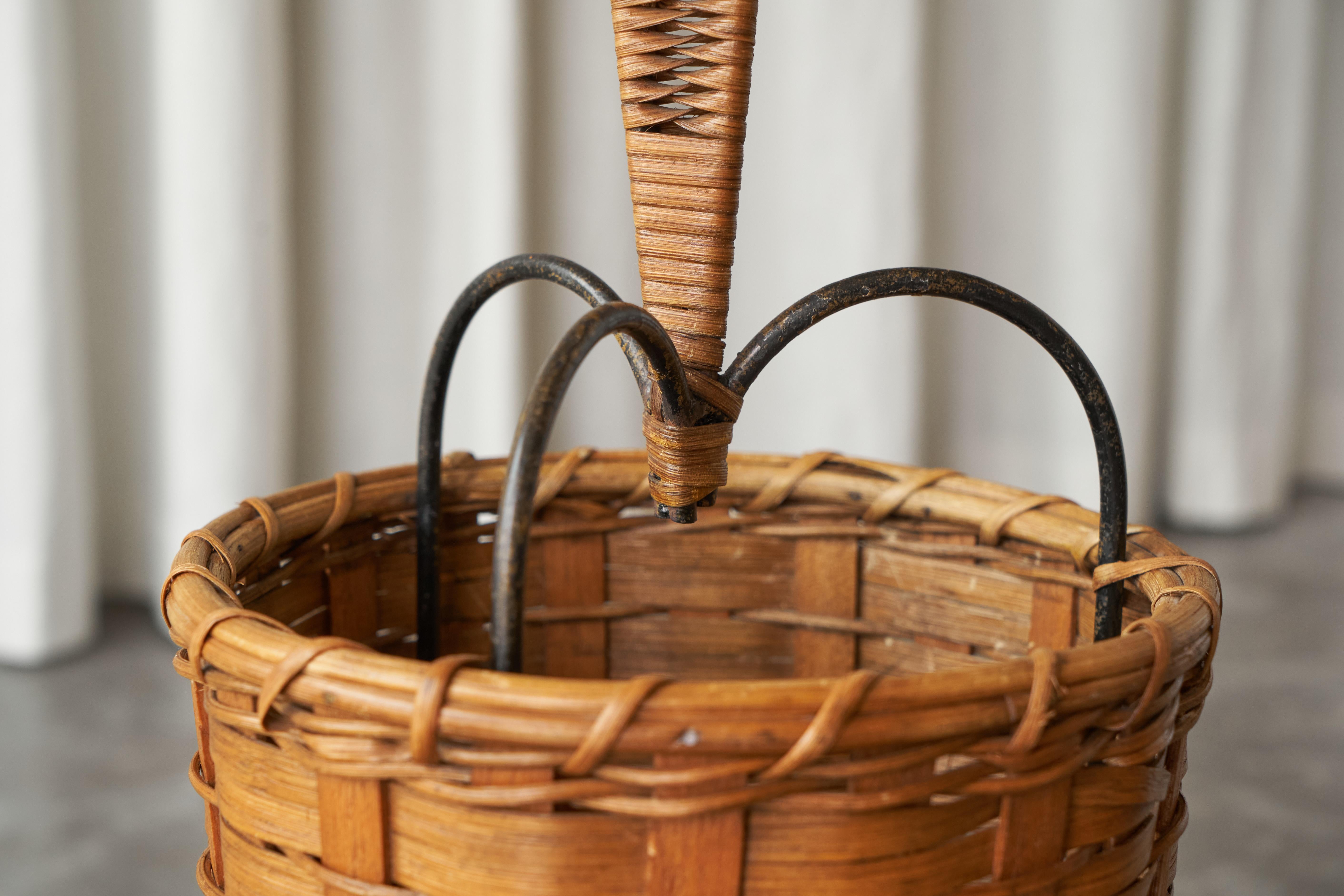 European Tripod Umbrella Stand in Rattan and Metal 1960s