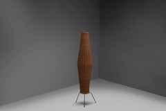 Tripod Woven Rattan Basket Floor Lamp, France, 1950s