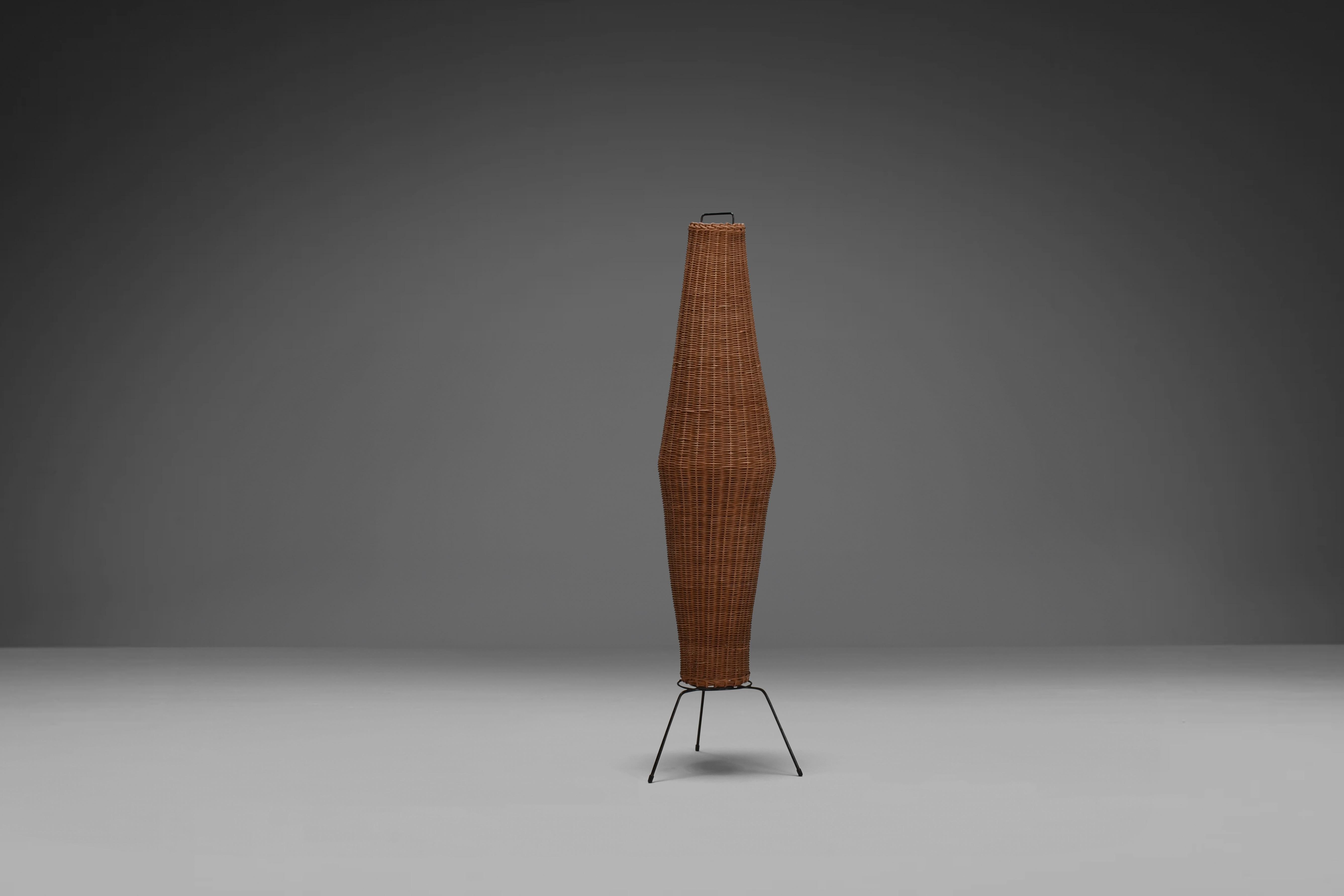 French Tripod Woven Rattan Basket Floor Lamp, France, 1950s For Sale