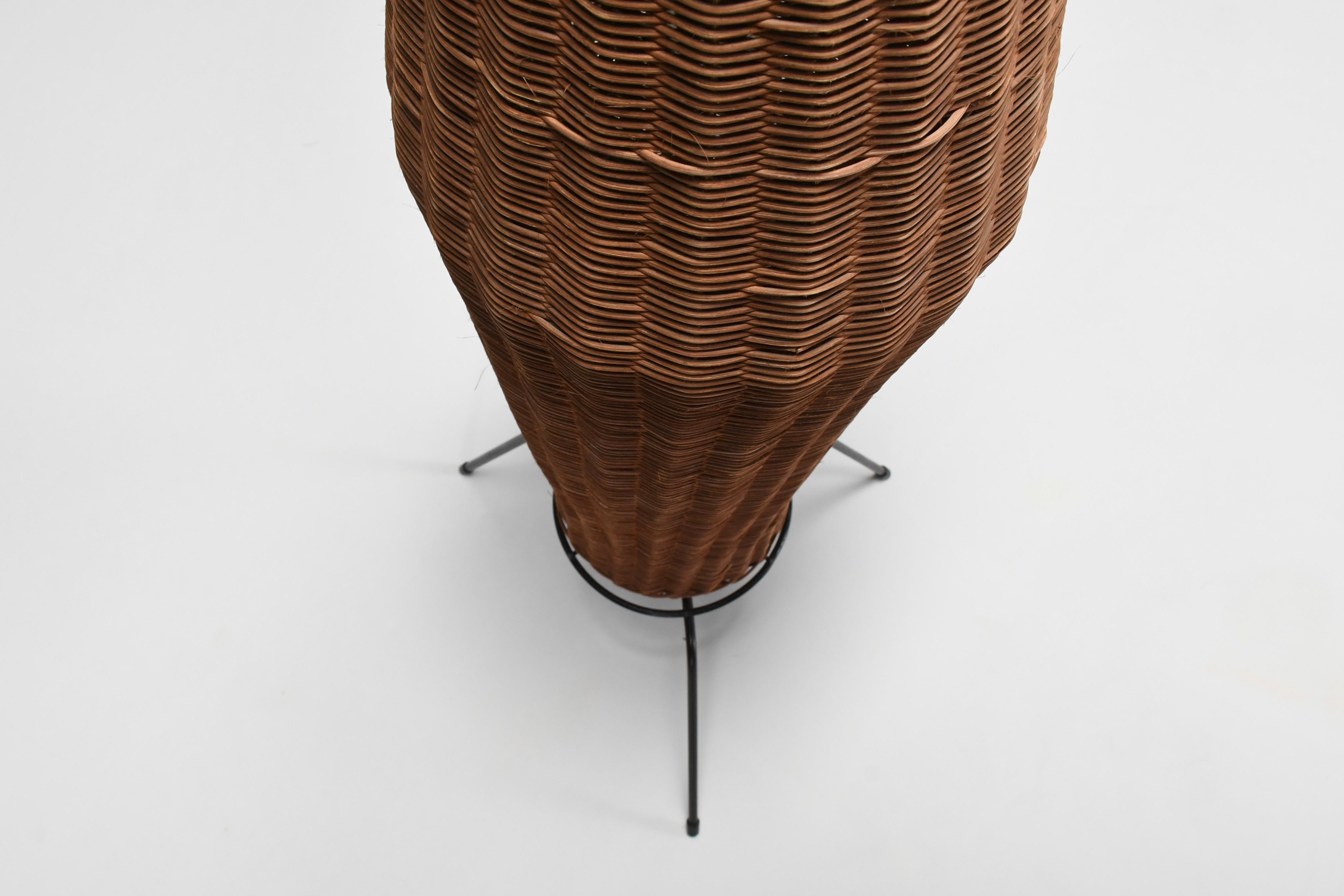 Metal Tripod Woven Rattan Basket Floor Lamp, France, 1950s For Sale